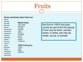FruitsSome commonly eaten fruits are: ApplesApricotsAvocadoBananasBerries:strawberriesblueberriesraspberriesCherriesGrapefruitGrapesKiwi fruitLemonsLimesMangoesMelons:cantaloupehoneydewwatermelonMixed fruits:fruit cocktailNectarinesOrangesPeachesPearsPapayaPineapplePlumsPrunesRaisinsTangerines100% Fruit juice:orangeapplegrapegrapefruitAny fruit or 100% fruit juice counts as part of the fruit group. Fruits may be fresh, canned, frozen, or dried, and may be whole, cut-up, or pureed. 