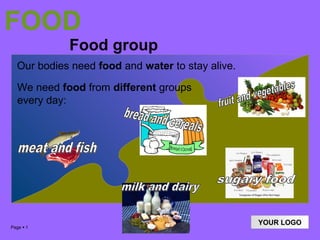 FOOD
            Food group
  Our bodies need food and water to stay alive.

  We need food from different groups
  every day:




                                                  YOUR LOGO
Page  1
 