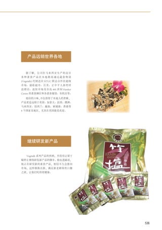产品远销世界各地


  据 了 解， 公 司 在 马 来 西 亚 生 产 的 近 百
多种素食产品在本地都是通过蔬食物语
(Vegetalk) 代销送往 NTUC 职总合作社超级
市场、晟菘超市、百美、正中平人参药材
连锁店、迷你市场及全岛 400 多间 Hawker
Centre 的素食摊位和各素食餐馆、有机店等。
  绝佳的口味，不仅获得了本地人的青睐，
产品更是远销于美国、加拿大、法国、澳洲、
马来西亚、纽西兰、越南、柬埔寨、香港等
8 个国家及地区，尤其在美国最受欢迎。




   继续研发新产品


  Vegetalk 系列产品的热销，并没有让梁于
聪停止继续研发新产品的脚步。他也透露说，
他正在研究新的素食产品，相信不久会推向
市场，这样推陈出新，满足新老顾客的口腹
之欲，让他们吃得更健康。




                                   536
 