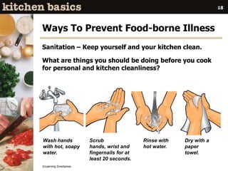 ©Learning ZoneXpress
18
Wash hands
with hot, soapy
water.
Scrub
hands, wrist and
fingernails for at
least 20 seconds.
Rinse with
hot water.
Dry with a
paper
towel.
Ways To Prevent Food-borne Illness
Sanitation – Keep yourself and your kitchen clean.
What are things you should be doing before you cook
for personal and kitchen cleanliness?
 