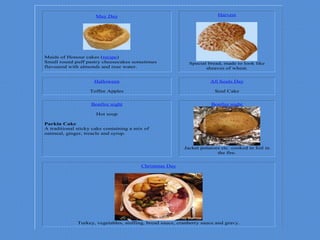 May Day
Maids of Honour cakes (recipe)
Small round puff pastry cheesecakes sometimes
flavoured with almonds and rose water.
Harvest
Special bread, made to look like
sheaves of wheat.
Halloween
Toffee Apples
All Souls Day
Soul Cake
Bonfire night
Hot soup
Parkin Cake
A traditional sticky cake containing a mix of
oatmeal, ginger, treacle and syrup.
Bonfire night
Jacket potatoes etc. cooked in foil in
the fire.
Christmas Day
Turkey, vegetables, stuffing, bread sauce, cranberry sauce and gravy.
 