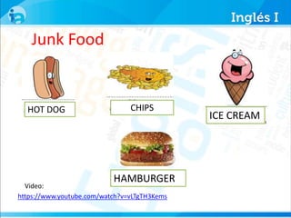 Junk Food 
HOT DOG CHIPS 
ICE CREAM 
HAMBURGER 
Video: 
https://www.youtube.com/watch?v=vLTgTH3Kems 
 
