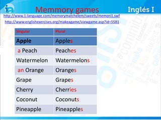 Memmory games 
http://www.1-language.com/memorymatchelem/sweets/memori1.swf 
http://www.englishexercises.org/makeagame/viewgame.asp?id=5581 
Singular Plural 
Apple 
a Peach 
Watermelon 
an Orange 
Grape 
Cherry 
Coconut 
Pineapple 
Apples 
Peaches 
Watermelons 
Oranges 
Grapes 
Cherries 
Coconuts 
Pineapples 
 