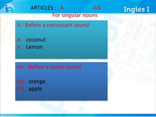 ARTICLES : A - AN 
For singular nouns 
A : Before a consonant sound 
A coconut 
A Lemon 
An : Before a vowel sound 
AN orange 
AN apple 
 