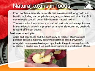Natural toxins in foods
• Food contains natural chemicals that are essential for growth and
health, including carbohydrates, sugars, proteins and vitamins. But
some foods contain potentially harmful natural toxins.
• The reason for the presence of natural toxins is not always known.
In some foods, a toxin is present as a naturally occurring pesticide
to ward off insect attack.
Fruit seeds and pits
• Apple and pear seeds and the inner stony pit (kernel) of apricots and
peaches contain a naturally occurring substance called amygdalin.
• Amygdalin can release hydrogen cyanide in the gut causing discomfort
or illness. It can be fatal if too much is consumed in a short period of time.
9
 