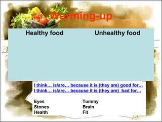 Warming-up
Healthy food Unhealthy food
I think… is/are… because it is (they are) good for…
I think… is/are… because it is (they are) bad for…
Eyes Tummy
Stones Brain
Health Fit
 