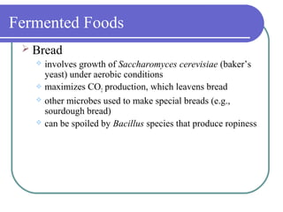 Fermented Foods
 Bread
 involves growth of Saccharomyces cerevisiae (baker’s
yeast) under aerobic conditions
 maximizes CO2 production, which leavens bread
 other microbes used to make special breads (e.g.,
sourdough bread)
 can be spoiled by Bacillus species that produce ropiness
 