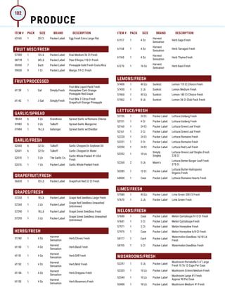 ITEM # PACK SIZE BRAND DESCRIPTION ITEM # PACK SIZE BRAND DESCRIPTION
63165 1 20 Ct Packer Label Egg Fresh Extra Large Flat
FRUIT MISC/FRESH
57300 1 10 Lb Packer Label Kiwi Medium 36 Ct Fresh
58778 1 40 Lb Packer Label Pear D'Anjou 110 Ct Fresh
59350 7 Each Packer Label Pineapple Gold Fresh Costa Rica
59830 9 1 Ct Packer Label Mango 7/9 Ct Fresh
FRUIT/PROCESSED
61139 1 Gal Simply Fresh
Fruit Mix Liquid Pack Fresh
Honeydew-Cant-Orange-
Pineapple-Red Grape
61142 1 3 Gal Simply Fresh
Fruit Mix 3 Citrus Fresh
Grapefruit-Orange-Pineapple
GARLIC/SPREAD
18664 6 5 Lb Grandioso Spread Garlic w/Romano Cheese
51983 6 2 Lb Tulkoff Spread Garlic Margarine
51984 1 16 Lb Gelsinger Spread Garlic w/Cheddar
GARLIC/FRESH
52000 6 32 Oz Tulkoff Garlic Chopped In Soybean Oil
52001 6 32 Oz Tulkoff Garlic Chopped In Water
52010 1 5 Lb The Garlic Co.
Garlic Whole Peeled #1 USA
Fresh
52015 1 1 Lb Packer Label Garlic Whole Peeled Fresh
GRAPEFRUIT/FRESH
56830 1 35 Lb Packer Label Grapefruit Red 32 Ct Fresh
GRAPES/FRESH
57250 1 18 Lb Packer Label Grape Red Seedless Large Fresh
57260 1 3 Lb Packer Label
Grape Red Seedless Unwashed
Untrimmed
57290 1 18 Lb Packer Label Grape Green Seedless Fresh
57295 1 3 Lb Packer Label
Grape Green Seedless Unwashed
Untrimmed
HERBS/FRESH
51740 1 4 Oz
Harvest
Sensation
Herb Chives Fresh
61150 1 4 Oz
Harvest
Sensation
Herb Basil Fresh
61151 1 4 Oz
Harvest
Sensation
Herb Dill Fresh
61153 1 4 Oz
Harvest
Sensation
Herb Mint Fresh
61154 1 4 Oz
Harvest
Sensation
Herb Oregano Fresh
61155 1 4 Oz
Harvest
Sensation
Herb Rosemary Fresh
61157 1 4 Oz
Harvest
Sensation
Herb Sage Fresh
61158 1 4 Oz
Harvest
Sensation
Herb Tarragon Fresh
61160 1 4 Oz
Harvest
Sensation
Herb Thyme Fresh
61270 1 16 Oz
Harvest
Sensation
Herb Basil Fresh
LEMONS/FRESH
57400 1 40 Lb Sunkist Lemon 115 Ct Choice Fresh
57430 1 3 Lb Sunkist Lemon Medium Fresh
57460 1 40 Lb Sunkist Lemon 140 Ct Choice Fresh
57462 1 8 Lb Sunkist Lemon 36 Ct Club Pack Fresh
LETTUCE/FRESH
52130 1 24 Ct Packer Label Lettuce Iceberg Fresh
52131 1 4 Ct Packer Label Lettuce Iceberg Fresh
52160 1 24 Ct Packer Label Lettuce Green Leaf Fresh
52161 1 3 Ct Packer Label Lettuce Green Leaf Fresh
52220 1 24 Ct Packer Label Lettuce Romaine Fresh
52221 1 3 Ct Packer Label Lettuce Romaine Fresh
52250 1 24 Ct Packer Label Lettuce Red Leaf Fresh
52252 1 10 Lb
Simply
Singles
Lettuce Green Leaf Singles Fresh
220 Ct
52260 2 5 Lb Mann's
Lettuce Better Burger Leaf Fresh
275 Ct
52285 1 12 Ct Packer Label
Lettuce Butter Hydroponic
Organic Fresh
60020 1 Case Packer Label Lettuce Romaine Hearts Fresh
LIMES/FRESH
57580 1 40 Lb Packer Label Lime Green 200 Ct Fresh
57670 1 2 Lb Packer Label Lime Green Fresh
MELONS/FRESH
57680 1 Case Packer Label Melon Cantaloupe 9-12 Ct Fresh
57681 1 3 Ct Packer Label Melon Cantaloupe Fresh
57971 1 3 Ct Packer Label Melon Honeydew Fresh
57975 1 Case Packer Label Melon Honeydew 6/8 Ct Fresh
58177 1 Each Packer Label
Watermelon Seedless 16/18 Lb
Fresh
58195 1 5 Ct Packer Label Watermelon Seedless Fresh
MUSHROOMS/FRESH
52297 1 5 Lb Packer Label
Mushroom Portabella 5-6 Large
Fresh 10 To 12 Caps Per Case
52335 1 10 Lb Packer Label Mushroom Crimini Medium Fresh
52340 1 10 Lb Packer Label
Mushroom Large #1 Fresh
Approx 90 Per Case
52400 1 10 Lb Packer Label Mushroom Medium #1 Fresh
PRODUCE
102
 