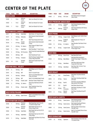 ITEM # PACK SIZE BRAND DESCRIPTION ITEM # PACK SIZE BRAND DESCRIPTION
BEEF/LIVER
35300 1 10 Lb
Delizous
Farms
Beef Liver Sliced 4 Oz Frozen
35302 1 10 Lb
Delizous
Farms
Beef Liver Sliced 5 Oz Frozen
35303 1 10 Lb
Delizous
Farms
Beef Liver Sliced 6 Oz Frozen
BEEF/MISCELLANEOUS
34517 2 5# Avg Ideal Meat Beef Sirloin 1/4 Diced Frozen
35121 2 15# Avg Nebraska
Beef Intestine Small Unbraided
Frozen
35123 1 10 Lb IBP Beef Tripe Honeycomb Frozen
35124 1 31# Avg
Greater
Omaha
Beef Intestine Small Unbraided
Frozen
35225 1 22# Avg St. Helen's
Beef Tongue #1 Black Frozen
6 Per Case
35242 1 10 Lb Ideal Meat Beef Stew Meat 1 Cube Frozen
35326 2 15# Avg RC Provisions
Beef Prime Rib Cooked Med Rare
Fresh
35526 1 30# Avg IBP Beef Sweetbread Frozen
36024 2 15# Avg Fontanini
Beef Pot Roast Cooked Frozen
Cook In Bag Chuck Roll
42913 10 2 Lb
Del Real
Foods
Beef Carne Asada Diced Fresh
Cooked
BEEF/NO-ROLL, SELECT
35175 5 14# Avg IBP
Beef Ribeye Lip-On 15/Up N/R
Fresh
35187 4 15# Avg IBP Beef Tri-Tip N/R Fresh
35190 1 36# Avg SuKarne
Beef Tri-Tip Peeled Marinated
Fresh 10% Pump
35193 4 19# Avg IBP Beef Tri-Tip Peeled Select Fresh
35196 15 2# Avg Packer Label Beef Butt Tender Peeled Fresh
35200 2 27# Avg St. Helen's
Beef Chuck Roll Neck-Off N/R
Fresh
35205 8 5# Avg Packer Label
Beef Tenderloin Psmo 5 Up
Hispanic Fresh
BEEF/OPEN PRAIRIE
35143 4 18# Avg Open Prairie
Beef Tri-Tip Peeled Choice Angus
Natural Fresh
BEEF/PORTION STEAKS
35250 1 10# Avg
Premium
Reserve
Beef Steak New York 12 Oz CC
1/3 Choice Angus Fresh
35260 1 10# Avg
Premium
Reserve
Beef Steak Top 8 Oz CC 1/3
Choice Angus Fresh
35266 1 10# Avg Ideal Meat
Beef Steak Flat Iron 8 Oz CC Ch
Fresh Angus
35273 1 10# Avg Ideal Meat
Beef Steak Flat Iron 5 Oz CC Ch
Fresh Angus
35276 1 5# Avg Ideal Meat
Beef Steak Top Sirloin 8 Oz Prime
Flat Fresh
35308 2 5# Avg R.W. Zant
Beef Ribeye Sliced  Stripped
3mm Frozen
BEEF/PREMIUM ANGUS BEEF
35192 5 15# Avg
Premium
Angus
Beef Brisket Boneless Choice
Angus Fresh
35208 2 28# Avg
Premium
Angus
Beef Chuck Roll Neck-Off Choice
Angus Fresh
BEEF/PRIME
35179 5 14# Avg Copper Creek
Beef Ribeye Lip-On 16/Dn Prime
Fresh
35181 2 12# Avg
Double R
Ranch
Beef Striploin 0x1 Prime 1/4
Fresh
35206 8 8# Avg St. Helen's
Beef Shoulder Clod Heart Prime
Fresh
35220 12 6# Avg Copper Creek
Beef Tenderloin Psmo 6/Up
Prime Angus Fresh
BEEF/RIBS
34511 1 50# Avg Bona Prime Beef Back Rib Frozen
35128 1 50# Avg Blue Ribbon
Beef Back Rib Unnotched A
Grade Frozen Appx 11 Racks Per
Case
35150 2 5# Avg Ideal Meat
Beef Short Rib Korean Style
Frozen 60-70 Per Case
35234 1 10# Avg Ideal Meat
Beef Short Rib 12-14 Oz 2 Cut
Frozen Bone-In
BEEF/ROAST
34811 6 2 Lb Bread Ready
Beef Roast Top Round Sliced
Fresh
34816 4 6# Avg Taurus
Beef Roast Top Round Split Cap-
Off Fresh
34820 2 8# Avg Bar-M
Beef Roast Top Round Medium
Rare Cap-Off 10% Pump
34991 6 2 Lb Bar-M Beef Roast Sliced Frozen
35321 4 9# Avg
R.C.
Provisions
Beef Roast Top Round 1/2 Deli
Rare Fresh
35819 2 7# Avg
Natural
Choice
Beef Roast Top Round Cap Off
Rare
BEEF/SANTA CAROTA
35004 2 9# Avg Santa Carota
Beef Brisket Boneless Choice
Grass Fed ABF Fresh
35006 2 19# Avg Santa Carota
Beef Inside Top Round Choice
Grass Fed ABF Fresh
35008 4 12# Avg Santa Carota
Beef Top Sirloin Choice Grass
Fed ABF Fresh
35010 4 6# Avg Santa Carota
Beef Tri-Tip Peeled Choice Grass
Fed ABF Fresh
BEEF/SIGNATURE
35130 12 6# Avg Signature
Beef Tenderloin Psmo 6/Up Top
1/3 Choice Fresh
CENTER OF THE PLATE
131
 