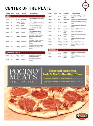 ITEM # PACK SIZE BRAND DESCRIPTION ITEM # PACK SIZE BRAND DESCRIPTION
LAMB
32700 1 12# Avg Bonewerks
Lamb Shank Hind Fully Cooked
Frozen
35600 9 4.5# Avg
T  R
Pastorial
Lamb Leg BRT Australian Frozen
35602 5 2# Avg Catelli Lamb Ground Choice Frozen
35608 1 50# Avg Foodcomm
Lamb Shank Fore 10-14 Oz
Australian
35613 1 8# Avg Provimi
Lamb Shank Hind Heel-On
20-24 Oz Frozen 3-2 Pack
35614 12 1.5# Avg Foodcomm
Lamb Rack 12-14 Oz Frenched
New Zealand 2 Racks Per
Cryovac
35615 12 1.8# Avg Foodcomm
Lamb Rack 14-16 Oz Frenched
New Zealand 2 Racks Per
Cryovac
35622 12 1.3# Avg Foodcomm
Lamb Rack 20-22 Oz Frenched
Aust Frozen Ind Cryovac All
Natural
LUNCHEON MEATS
34757 2 8# Avg Citterio
Mortadella w/Pistachio 9
Traditional Domestic
34758 2 8# Avg Citterio
Mortadella 6 Cylindrical
Domestic
34762 1 7# Avg
Molinari 
Sons
Mortadella Half Cage Baked
Fresh
34843 12 8 Oz Oscar Mayer Salami Cotto Sliced Round Fresh
34879 3 7# Avg Citterio
Salami Genoa Artificial Casing
Fresh
34881 3 7# Avg Citterio
Salami Sopressata Picante Hot
Fresh
34883 12 8 Oz Oscar Mayer Bologna All Beef Sliced Fresh
35560 4 7# Avg
Molinari 
Sons
Salami Cotto Half Fresh
35590 5 3# Avg
Molinari 
Sons
Salami Dry Stick 2x2 Wrapped
Fresh
35591 24 7 Oz Citterio
Salami Calabrese Hot Small
Piece
35887 6 10# Avg Serv-Rite Salami Cotto Whole Fresh
37737 2 12# Avg Morrell
Bologna All Meat Deli Stick
Frozen
MEATBALLS
34901 1 10 Lb
Mamma
Ranne
Meatball 2 Oz Italian Cooked
I.Q.F.
34902 1 10 Lb
Mamma
Ranne
Meatball .5 Oz Italian Cooked
I.Q.F.
CENTER OF THE PLATE
139
 