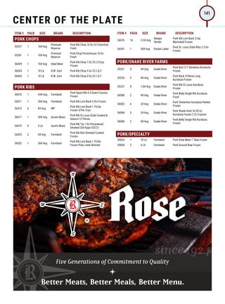 ITEM # PACK SIZE BRAND DESCRIPTION ITEM # PACK SIZE BRAND DESCRIPTION
PORK CHOPS
35257 1 10# Avg
Premium
Reserve
Pork Rib Chop 10 Oz CC Frenched
Fresh
35261 1 10# Avg
Premium
Reserve
Pork Chop Porterhouse 10 Oz
Fresh
36009 1 10# Avg Ideal Meat
Pork Rib Chop 7 Oz CC 2/Cryo
Frozen
36043 1 10 Lb R.W. Zant Pork Rib Chop 5 Oz CC I.Q.F.
36045 1 10 Lb R.W. Zant Pork Rib Chop 4 Oz CC I.Q.F.
PORK RIBS
36010 1 34# Avg Farmland
Pork Spare Rib 4.5 Down Cryovac
Frozen
36011 1 30# Avg Farmland Pork Rib Loin Back 2/Dn Frozen
36013 6 8# Avg IBP
Pork Rib Loin Back 1.75/Up
Frozen 3/Per Cryo
36017 1 20# Avg Austin Blues
Pork Rib St.Louis Style Cooked 
Season 12 Pieces
36019 4 5 Lb Austin Blues
Pork Rib Tip 1 Oz Pecanwood
Smoked Ckd Appx 320 Ct
36025 2 5# Avg Farmland
Pork Rib Bits Smoked Cooked
Frozen
36032 1 30# Avg Farmland
Pork Rib Loin Back 1.75/Dn
Frozen Poly Lined Skinned
36076 16 2.5# Avg
Always
Tender
Pork Rib Loin Back 2/Up
Marinated Frozen
36541 1 50# Avg Packer Label
Pork St. Louis Style Ribs 2.5 Dn
Frozen
PORK/SNAKE RIVER FARMS
35231 4 4# Avg Snake River
Pork Butt C/T Boneless Kurobuta
Frozen
35236 3 8# Avg Snake River
Pork Rack 10 Bone Long
Kurobuta Frozen
35237 8 1.8# Avg Snake River
Pork Rib St Louis Kurobuta
Frozen
36080 2 9# Avg Snake River
Pork Belly Single Rib Kurobuta
Fresh
36082 6 2# Avg Snake River
Pork Tenderloin Kurobuta Peeled
Frozen
36084 6 2# Avg Snake River
Pork Shank Hind 16-20 Oz
Kurobuta Frozen 2 Ct Cryovac
36086 2 9# Avg Snake River
Pork Belly Single Rib Kurobuta
Frozen
PORK/SPECIALTY
35854 1 10 Lb Farmland Pork Stew Meat 1 Raw Frozen
35858 2 6 Lb Farmland Pork Ground Raw Frozen
Five Generations of Commitment to Quality
Better Meats, Better Meals, Better Menu.
CENTER OF THE PLATE
141
 