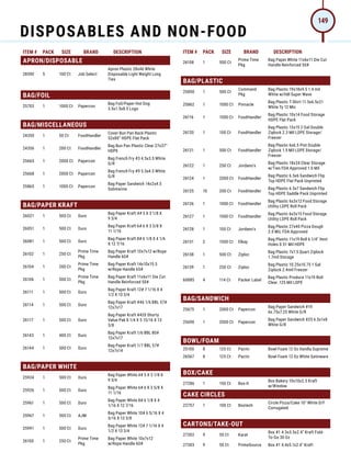 ITEM # PACK SIZE BRAND DESCRIPTION ITEM # PACK SIZE BRAND DESCRIPTION
APRON/DISPOSABLE
28590 5 100 Ct Job Select
Apron Plastic 28x46 White
Disposable Light Weight Long
Ties
BAG/FOIL
25703 1 1000 Ct Papercon
Bag Foil/Paper Hot Dog
3.5x1.5x8.5 Logo
BAG/MISCELLANEOUS
24350 1 50 Ct FoodHandler
Cover Bun Pan Rack Plastic
52x80 HDPE Flat Pack
24356 1 200 Ct FoodHandler
Bag Bun Pan Plastic Clear 27x37
HDPE
25665 1 2000 Ct Papercon
Bag French Fry #3 4.5x3.5 White
G/R
25668 1 2000 Ct Papercon
Bag French Fry #9 5.5x4.5 White
G/R
25865 1 1000 Ct Papercon
Bag Paper Sandwich 14x2x4.5
Submarine
BAG/PAPER KRAFT
26021 1 500 Ct Duro
Bag Paper Kraft 4# 5 X 3 1/8 X
9 3/4
26051 1 500 Ct Duro
Bag Paper Kraft 6# 6 X 3 5/8 X
11 1/16
26081 1 500 Ct Duro
Bag Paper Kraft 8# 6 1/8 X 4 1/6
X 12 7/16
26102 1 250 Ct
Prime Time
Pkg
Bag Paper Kraft 10x7x12 w/Rope
Handle 60#
26104 1 200 Ct
Prime Time
Pkg
Bag Paper Kraft 14x10x15.5
w/Rope Handle 65#
26106 1 500 Ct
Prime Time
Pkg
Bag Paper Kraft 11x6x11 Die Cut
Handle Reinforced 50#
26111 1 500 Ct Duro
Bag Paper Kraft 12# 7 1/16 X 4
1/2 X 13 3/4
26114 1 500 Ct Duro
Bag Paper Kraft #46 1/6 BBL 57#
12x7x17
26117 1 500 Ct Duro
Bag Paper Kraft #420 Shorty
Value Pak 8 1/4 X 5 15/16 X 13
3/8
26143 1 400 Ct Duro
Bag Paper Kraft 1/6 BBL 80#
12x7x17
26144 1 500 Ct Duro
Bag Paper Kraft 1/7 BBL 57#
12x7x14
BAG/PAPER WHITE
25924 1 500 Ct Duro
Bag Paper White 4# 5 X 3 1/8 X
9 3/4
25926 1 500 Ct Duro
Bag Paper White 6# 6 X 3 5/8 X
11 1/16
25961 1 500 Ct Duro
Bag Paper White 8# 6 1/8 X 4
1/16 X 12 7/16
25967 1 500 Ct AJM
Bag Paper White 10# 6 5/16 X 4
3/16 X 13 3/8
25991 1 500 Ct Duro
Bag Paper White 12# 7 1/16 X 4
1/2 X 13 3/4
26100 1 250 Ct
Prime Time
Pkg
Bag Paper White 10x7x12
w/Rope Handle 60#
26108 1 500 Ct
Prime Time
Pkg
Bag Paper White 11x6x11 Die Cut
Handle Reinforced 50#
BAG/PLASTIC
25850 1 500 Ct
Command
Pkg
Bag Plastic 19x18x9.5 1.4 mil
White w/Hdl Super Wave
25862 1 1000 Ct Pinnacle
Bag Plastic T-Shirt 11.5x6.5x21
White Ty 12 Mic
26116 1 1000 Ct FoodHandler
Bag Plastic 10x14 Food Storage
HDPE Flat Pack
26120 1 100 Ct FoodHandler
Bag Plastic 13x15 2 Gal Double
Ziplock 2.3 Mil LDPE Storage/
Freezer
26121 1 500 Ct FoodHandler
Bag Plastic 6x6.5 Pint Double
Ziplock 1.5 Mil LDPE Storage/
Freezer
26122 1 250 Ct Jordano's
Bag Plastic 18x24 Clear Storage
w/Ties FDA Approved 1.0 Mil
26124 1 2000 Ct FoodHandler
Bag Plastic 6.5x6 Sandwich Flip
Top HDPE Flat Pack Unprinted
26125 10 200 Ct FoodHandler
Bag Plastic 6.5x7 Sandwich Flip
Top HDPE Saddle Pack Unprinted
26126 1 1000 Ct FoodHandler
Bag Plastic 6x3x12 Food Storage
Utility LDPE Roll Pack
26127 1 1000 Ct FoodHandler
Bag Plastic 6x3x15 Food Storage
Utility LDPE Roll Pack
26128 1 100 Ct Jordano's
Bag Plastic 27x40 Pizza Dough
2.0 MiL FDA Approved
26131 2 1500 Ct Elkay
Bag Plastic 11x19 Roll 6 1/4 Vent
Holes 0.51 Mil HDPE
26138 1 500 Ct Ziploc
Bag Plastic 7x7.5 Quart Ziplock
1.7mil Storage
26139 1 250 Ct Ziploc
Bag Plastic 10.25x10.75 1 Gal
Ziplock 2.4mil Freezer
60885 4 114 Ct Packer Label
Bag Plastic Produce 11x19 Roll
Clear .125 Mil LDPE
BAG/SANDWICH
25675 1 2000 Ct Papercon
Bag Paper Sandwich #19
6x.75x7.25 White G/R
25690 1 2000 Ct Papercon
Bag Paper Sandwich #25 6.5x1x8
White G/R
BOWL/FOAM
25100 8 125 Ct Pactiv Bowl Foam 12 Oz Vanilla Supreme
26567 8 125 Ct Pactiv Bowl Foam 12 Oz White Satinware
BOX/CAKE
27286 1 150 Ct Box-It
Box Bakery 10x10x2.5 Kraft
w/Window
CAKE CIRCLES
22757 1 100 Ct Boxtech
Circle Pizza/Cake 10 White D/F
Corrugated
CARTONS/TAKE-OUT
27302 9 50 Ct Karat
Box #1 4.3x3.5x2.4 Kraft Fold-
To-Go 30 Oz
27303 9 50 Ct PrimeSource Box #1 4.4x5.1x2.6 Kraft
DISPOSABLES AND NON-FOOD
149
 