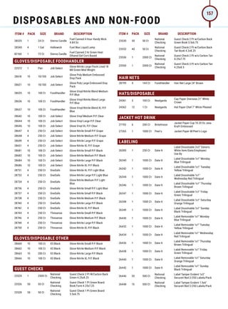 ITEM # PACK SIZE BRAND DESCRIPTION ITEM # PACK SIZE BRAND DESCRIPTION
28535 1 24 Ct Sterno Candle
Fuel Canned 4 Hour Handy Wick
4.84 Oz
28540 4 1 Gal Hollowick Fuel Wax Liquid Lamp
82160 1 72 Ct Sterno Candle
Fuel Canned 2 Hr Green Heat
Ethanol Gel Corn Based
GLOVES/DISPOSABLE FOODHANDLER
22572 1 Pair Job Select
Glove Nitrile Large Flock Lined 18
Mil Green Med Weight
28618 10 10/100 Job Select
Glove Poly Medium Embossed
Disp Pack
28621 10 10/100 Job Select
Glove Poly Large Embossed Disp
Pack
28635 10 100 Ct FoodHandler
Glove Vinyl/Nitrile Blend Medium
P/F Blue
28636 10 100 Ct FoodHandler
Glove Vinyl/Nitrile Blend Large
P/F Blue
28637 10 100 Ct FoodHandler
Glove Vinyl/Nitrile Blend XL P/F
Blue
28642 10 100 Ct Job Select Glove Vinyl Medium P/F Clear
28644 10 100 Ct Job Select Glove Vinyl Large P/F Clear
28646 10 100 Ct Job Select Glove Vinyl XL P/F Clear
28647 4 250 Ct Job Select Glove Nitrile Small P/F Grape
28648 4 250 Ct Job Select Glove Nitrile Medium P/F Grape
28649 4 250 Ct Job Select Glove Nitrile Large P/F Grape
28651 4 250 Ct Job Select Glove Nitrile XL P/F Grape
28681 10 100 Ct Job Select Glove Nitrile Small P/F Black
28682 10 100 Ct Job Select Glove Nitrile Medium P/F Black
28684 10 100 Ct Job Select Glove Nitrile Large P/F Black
28686 10 100 Ct Job Select Glove Nitrile XL P/F Black
28731 4 250 Ct OneSafe Glove Nitrile XL P/F Light Blue
28732 4 250 Ct OneSafe Glove Nitrile Large P/F Light Blue
28734 4 250 Ct OneSafe
Glove Nitrile Medium P/F Light
Blue
28736 4 250 Ct OneSafe Glove Nitrile Small P/F Light Blue
28737 4 250 Ct OneSafe Glove Nitrile Small P/F Black
28738 4 250 Ct OneSafe Glove Nitrile Medium P/F Black
28740 4 250 Ct OneSafe Glove Nitrile Large P/F Black
28742 4 250 Ct OneSafe Glove Nitrile XL P/F Black
28744 4 250 Ct Thinsense Glove Nitrile Small P/F Black
28746 4 250 Ct Thinsense Glove Nitrile Medium P/F Black
28748 4 250 Ct Thinsense Glove Nitrile Large P/F Black
28750 4 250 Ct Thinsense Glove Nitrile XL P/F Black
GLOVES/DISPOSABLE OTHER
28660 10 100 Ct X3 Black Glove Nitrile Small P/F Black
28662 10 100 Ct X3 Black Glove Nitrile Medium P/F Black
28665 10 200 Ct X3 Black Glove Nitrile Large P/F Black
28666 10 100 Ct X3 Black Glove Nitrile XL P/F Black
GUEST CHECKS
23524 1 2500 Ct
National
Checking
Guest Check 2 Pt W/Carbon Back
Green 4.25x8.25
23526 50 50 Ct
National
Checking
Guest Check 1 Pt Green Board
Book Form 4.25x7.25
23528 50 50 Ct
National
Checking
Guest Check 1 Pt Green Board
3.5x6.75
23530 50 50 Ct
National
Checking
Guest Check 2 Pt w/Carbon Back
Green Book 3.5x6.75
23532 40 50 Ct
National
Checking
Guest Check 2 Pt w/Carbon Back
Tan Book 4.2x8.25
23536 1 2000 Ct
National
Checking
Guest Check 2 Pt w/o Carbon Tan
4.25x7.75
23550 1 2000 Ct
National
Checking
Guest Check 3 Pt w/o Carbon Tan
4.25x8.5
HAIR NETS
28799 4 144 Ct FoodHandler Hair Net Large 24 Brown
HATS/DISPOSABLE
24361 5 100 Ct Neatgards
Cap Paper Overseas 21 White
Crown
24362 12 1 Ct Neatgards Hat Paper Chef 7 White Pleated
JACKET HOT DRINK
27193 6 200 Ct BriteVision
Jacket Paper Cup 10-20 Oz Java
Kraft Embossed
27265 1 1000 Ct Peet's Jacket Paper W/Peet's Logo
LABELING
26300 1 250 Ct Date-It
Label Dissolvable 2x3 Generic
White Item/Date/Employee/
Use By
26340 1 1000 Ct Date-It
Label Dissolvable 1x1 Monday
Blue Trilingual
26342 1 1000 Ct Date-It
Label Dissolvable 1x1 Tuesday
Yellow Trilingual
26344 1 1000 Ct Date-It
Label Dissolvable 1x1
Wednesday Red Trilingual
26346 1 1000 Ct Date-It
Label Dissolvable 1x1 Thursday
Brown Trilingual
26347 1 1000 Ct Date-It
Label Dissolvable 1x1 Friday
Green Trilingual
26348 1 1000 Ct Date-It
Label Dissolvable 1x1 Saturday
Orange Trilingual
26349 1 1000 Ct Date-It
Label Dissolvable 1x1 Sunday
Black Trilingual
26430 1 1000 Ct Date-It
Label Removable 1x1 Monday
Blue Trilingual
26432 1 1000 Ct Date-It
Label Removable 1x1 Tuesday
Yellow Trilingual
26434 1 1000 Ct Date-It
Label Removable 1x1 Wednesday
Red Trilingual
26436 1 1000 Ct Date-It
Label Removable 1x1 Thursday
Brown Trilingual
26438 1 1000 Ct Date-It
Label Removable 1x1 Friday
Green Trilingual
26440 1 1000 Ct Date-It
Label Removable 1x1 Saturday
Orange Trilingual
26442 1 1000 Ct Date-It
Label Removable 1x1 Sunday
Black Trilingual
26446 20 500 Ct
National
Checking
Label Tamper Evident 1x3
Secureit Red 2/250 Labels/Pack
26448 15 500 Ct
National
Checking
Label Tamper Evident 1.5x6
Secureit Red 2/250 Labels/Pack
DISPOSABLES AND NON-FOOD
157
 
