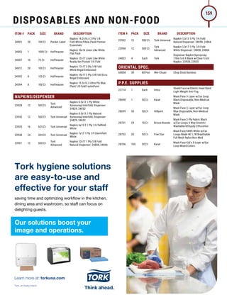 ITEM # PACK SIZE BRAND DESCRIPTION ITEM # PACK SIZE BRAND DESCRIPTION
24001 30 100 Ct Packer Label
Napkin 14.2x16.6 2 Ply 1/8
Fold White Pillow Pack Premier
Essentials
24002 1 1000 Ct Hoffmaster
Napkin 16x16 Linen Like White
Flat Pack
24007 10 75 Ct Hoffmaster
Napkin 12x17 Linen Like White
Ready-Set Pocket 1/8 Fold
24012 20 100 Ct Hoffmaster
Napkin 17x17 3 Ply 1/8 Fold
White Regal Embossed
24592 8 125 Ct Hoffmaster
Napkin 15x17 2 Ply 1/8 Fold Ecru
Regal Embossed
24594 8 100 Ct Hoffmaster
Napkin 15.5x15.5 Ultra Ply Blue
Plaid 1/8 Fold FashnPoint
NAPKINS/DISPENSER
23928 12 500 Ct
Tork
Advanced
Napkin 8.5x13 1 Ply White
Xpressnap Interfold, Dispenser:
24829, 24832
23930 12 500 Ct Tork Universal
Napkin 8.5x13 1 Ply Natural
Xpressnap Interfold, Dispenser:
24829, 24832
23935 16 625 Ct Tork Universal
Napkin 6x13.5 1 Ply 1/6 Tallfold
White
23938 24 334 Ct Tork Universal
Napkin 7x12 1 Ply 1/9 Daintifold
White
23951 12 500 Ct
Tork
Advanced
Napkin 12x17 1 Ply 1/8 Fold
Natural Dispenser: 24858, 24866
23952 12 500 Ct Tork Universal
Napkin 12x13 1 Ply 1/6 Fold
Natural Dispenser: 24858, 24866
23958 12 500 Ct
Tork
Advanced
Napkin 12x17 1 Ply 1/8 Fold
White Dispenser: 24858, 24866
24832 4 Each Tork
Dispenser Napkin Xpressnap
7.9x6.1x5.9 Black w/Clear Front
Napkin: 23928, 23930
ORIENTAL SPEC.
60858 30 80 Pair Wei-Chuan Chop Stick Bamboo
P.P.E. SUPPLIES
22714 1 Each Intco
Shield Face w/Elastic Head Band
Light Weight Anti-Fog
28698 1 50 Ct Karat
Mask Face 3-Layer w/Ear Loop
Black Disposable, Non-Medical
Mask
28699 50 50 Ct Hillyard
Mask Face 3-Layer w/Ear Loop
Blue Disposable, Non-Medical
Mask
28701 29 10 Ct Brisco Brands
Mask Face 2-Ply Fabric Black
w/Ear Loops 4-Way Stretch/
Washable/65%poly-35%cotton
28702 20 50 Ct Five Star
Mask Face KN95 White w/Ear
Loops Made W/ L/W Breathable
Full Mesh Nylon Non-Med
28706 100 30 Ct Karat
Mask Face Kid's 3-Layer w/Ear
Loop Mixed Colors
Tork hygiene solutions
are easy-to-use and
effective for your staff
saving time and optimizing workflow in the kitchen,
dining area and washroom, so staff can focus on
delighting guests.
Tork, an Essity brand
Our solutions boost your
image and operations.
Learn more at: torkusa.com
DISPOSABLES AND NON-FOOD
159
 