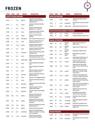 ITEM # PACK SIZE BRAND DESCRIPTION ITEM # PACK SIZE BRAND DESCRIPTION
APPETIZERS/FROZEN
39734 9 2 Lb Moore's
Appetizer Texas Toothpick/
Jalapeno Strip  Onion Strips
Lightly Battered
39737 6 3 Lb Anchor
Appetizer Cauliflower Cheddar
Breaded
39740 6 2 Lb Fred's
Appetizer Mozzarella Stick
Battered 2.7 12-14 Per Lb
39746 6 4 Lb Fred's
Appetizer Mozzarella Stick Brd
Italian 3.25 14-16 Per Lb
39750 4 4 Lb Anchor
Appetizer Pickle Dill Spear
Breaded
40924 144 2.4 Oz Old Fashion Blintz Cheese Heat  Serve I.Q.F.
42580 4 3 Lb Fred's
Appetizer Jalapeno W/Cream
Cheese Brd 12-16 Per Lb
42582 6 2.5 Lb Anchor
Appetizer Popper Jalapeno 
Cheddar Brd 20-24 Per Lb
42583 4 3 Lb Fred's
Appetizer Jalapeno W/Cheddar
Cheese Brd 14-16 Per Lb
42586 6 3 Lb Tantalizers
Appetizer Cheddar Rounds Bite-
Sized 28 Per Lb
42587 6 2 Lb Fred's
Appetizer Green Bean Battered
w/Toasted Onion Flavor I.Q.F.
42591 4 3 Lb Golden Value
Appetizer Okra Breaded Southern
Style
42592 6 4 Lb Fred's
Appetizer Mushroom Breaded
I.Q.F.
42593 6 2 Lb Fred's
Appetizer Mushroom Battered
I.Q.F.
42597 6 2 Lb Fred's
Appetizer Macaroni  Cheese
Bites I.Q.F. Approx 272 Ct
42598 4 5 Lb Seascape
Appetizer Green Bean Tempura
Battered 50/60 Ct
42599 6 2 Lb Fred's Appetizer Corn Nuggets Battered
42603 6 2 Lb Fred's
Appetizer Green Bean Brd Spicy
I.Q.F.
42605 2 5 Lb Kaufhold's
Appetizer Cheese Curd Brd White
Cheddar
42607 2 5 Lb Kaufhold's
Appetizer Cheese Curd Brd
Jalapeno/Red Pepper
42609 2 5 Lb Kaufhold's
Appetizer Cheese Curd Breaded
Garlic
42812 200 1 Oz Kabobs
Appetizer Artichoke Heart
Breaded w/Goat Cheese/
Parmesan Breading
42817 100 .8 Oz Kabobs
Appetizer Chicken Satay Raw
Chicken Breast On Skewer Not
Seasoned
42818 160 .5 Oz Athens
Appetizer Spanakopita Cheese 
Spinach Raw I.Q.F.
42825 100 1 Oz Kabobs Appetizer Empanada Chicken
42858 24 3 Oz El Monterey
Appetizer Empanada Beef 
Cheese I.Q.F. Bake Or Fry, Flakey
Crust, Handmade
42864 54 2.7 Oz Fernando's
Appetizer Flauta Chicken
Southwest W/G (CN)(WGE)
APPLES/FROZEN
37550 1 30 Lb Simplot
Apple Sliced Golden Delicious
7+1 I.Q.F.
37551 6 2.5 Lb RoastWorks
Apple Sliced Fuji Flame-Roasted
I.Q.F.
37555 1 40 Lb Packer Label Apple Sliced Granny Smith I.Q.F.
AVOCADO/GUACAMOLE FROZEN
38900 12 1 Lb Simplot Avocado Pulp Frozen
38904 12 1 Lb Simplot Guacamole Western Style Frozen
BAGELS/FROZEN
40890 60 4 Oz
Brooklyn
Bagel
Bagel Cinnamon Raisin Par-
Baked Frozen
40892 60 4 Oz
Brooklyn
Bagel
Bagel Onion Par-Baked Frozen
40894 60 4 Oz
Brooklyn
Bagel
Bagel Egg Par-Baked Frozen
40898 60 4 Oz
Brooklyn
Bagel
Bagel Blueberry Par-Baked
Frozen
40920 60 4 Oz Lender's
Bagel Blueberry Bulk Frozen 4.5
Grain/1 Bread Thaw  Serve
40934 60 4 Oz Lender's
Bagel Plain Bulk Frozen 4.5
Grain/1 Bread Thaw  Serve
40946 144 .9 Oz Lender's
Bagel Mini Plain Sliced Bulk
Frozen 1 Grain/1 Bread Thaw 
Serve
40947 72 2.3 Oz Lender's
Bagel Cinnamon Raisin Sliced
Bulk Frozen 2.5 Grain/1 Bread
Thaw  Serve
40949 72 2.3 Oz Lender's
Bagel Plain Sliced Bulk Frozen
2.5 Grain/1 Bread Thaw  Serve
40953 72 2 Oz Lender's
Bagel White W/G Sliced Bulk
Frozen 2.25 Grain/1 Bread Thaw
 Serve (WGE)
40954 72 4 Oz Lender's
Bagel Assorted Raisin/Blueberry/
Plain/ Cinnamon Frozen 4.5
Grain/1 Bread
40972 48 3 Oz Burry
Bagel Plain Sliced I/W Frozen
Thaw  Serve
40975 72 2.25 Oz Lender's
Bagel Blueberry W/G Sliced
Frozen 6-Pack Thaw  Serve
40976 48 4 Oz Just Bagels
Bagel Everything Par-Baked
Frozen
40978 48 4 Oz Just Bagels
Bagel Whole Wheat Par-Baked
Frozen
40980 48 4 Oz Just Bagels Bagel Plain Par-Baked Frozen
43495 72 2.43 Oz Pillsbury
Bagel Mini W/Strawberry Cream
Cheese I.Q.F.
BARS/FROZEN
36600 48 2.5 Oz Readi-Bake
Bar Breakfast Oatmeal Chocolate
Chip W/G
36601 48 2.5 Oz Readi-Bake
Bar Breakfast French Toast W/G
I.Q.F.
FROZEN
15
 