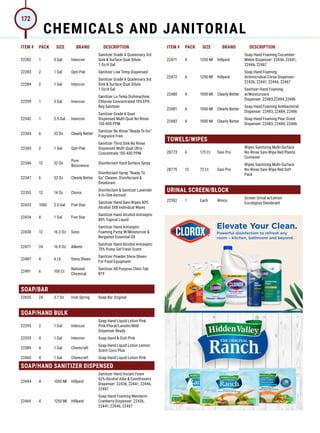 ITEM # PACK SIZE BRAND DESCRIPTION ITEM # PACK SIZE BRAND DESCRIPTION
22282 1 5 Gal Intercon
Sanitizer Grade A Quaternary 3rd
Sink  Surface Quat Dilute
1 Oz/4 Gal
22283 2 1 Gal Opti-Pak Sanitizer Low Temp Dispensed
22284 2 1 Gal Intercon
Sanitizer Grade A Quaternary 3rd
Sink  Surface Quat Dilute
1 Oz/4 Gal
22299 1 5 Gal Intercon
Sanitizer Lo-Temp Dishmachine
Chlorine Concentrated 10% EPA
Reg Sanitizer
22342 1 2.5 Gal Intercon
Sanitizer Grade A Quat
Dispensed Multi-Quat No Rinse
150-400 PPM
22344 6 32 Oz Clearly Better
Sanitizer No Rinse Ready To Go
Fragrance Free
22345 2 1 Gal Opti-Pak
Sanitizer Third Sink No Rinse
Dispensed Multi-Quat Ultra
Concentrate 150-400 PPM
22346 12 32 Oz
Pure
Bioscience
Disinfectant Hard Surface Spray
22347 6 32 Oz Clearly Better
Disinfectant Spray Ready To
Go Cleaner, Disinfectant 
Deodorant
22353 12 14 Oz Clorox
Disinfectant  Sanitizer Lavender
4-In-One Aerosol
22433 1000 2.5 Gal Five Star
Sanitizer Hand Sani-Wipes 80%
Alcohol 5X8 Individual Wipes
22434 4 1 Gal Five Star
Sanitizer Hand Alcohol Antiseptic
80% Topical Liquid
22438 12 16.2 Oz Sono
Sanitizer Hand Antiseptic
Foaming Pump W/Moisturizer 
Bergamot Essential Oil
22477 24 16.9 Oz Alkemi
Sanitizer Hand Alcohol Antiseptic
70% Pump Gel Fresh Scent
22487 4 4 Lb Stera Sheen
Sanitizer Powder Stera-Sheen
For Food Equipment
22491 6 100 Ct
National
Chemical
Sanitizer All Purpose Chlor-Tab
BTF
SOAP/BAR
22655 24 3.7 Oz Irish Spring Soap Bar Original
SOAP/HAND BULK
22295 2 1 Gal Intercon
Soap Hand Liquid Lotion Pink
Pink/Floral/Lanolin/Mild
Dispenser Ready
22335 4 1 Gal Intercon Soap Hand  Dish Pink
22389 4 1 Gal Chemcraft
Soap Hand Liquid Lotion Lemon
Scent Coco Plus
22465 4 1 Gal Chemcraft Soap Hand Liquid Lotion Pink
SOAP/HAND SANITIZER DISPENSED
22444 4 1000 Ml Hillyard
Sanitizer Hand Instant Foam
62% Alcohol Aloe  Conditioners
Dispenser: 22436, 22441, 22446,
22467
22469 4 1250 Ml Hillyard
Soap Hand Foaming Mandarin-
Cranberry Dispenser: 22436,
22441, 22446, 22467
22471 4 1250 Ml Hillyard
Soap Hand Foaming Cucumber-
Melon Dispenser: 22436, 22441,
22446, 22467
22472 4 1250 Ml Hillyard
Soap Hand Foaming
Antimicrobial Citrus Dispenser:
22436, 22441, 22446, 22467
22480 4 1000 Ml Clearly Better
Sanitizer Hand Foaming
w/Moisturizers
Dispenser: 22483,22484,22486
22481 4 1000 Ml Clearly Better
Soap Hand Foaming Antibacterial
Dispenser: 22483, 22484, 22486
22482 4 1000 Ml Clearly Better
Soap Hand Foaming Pear Scent
Dispenser: 22483, 22484, 22486
TOWELS/WIPES
28773 6 175 Ct Sani Pro
Wipes Sanitizing Multi-Surface
No-Rinse Sani-Wipe Red Plastic
Container
28775 12 72 Ct Sani Pro
Wipes Sanitizing Multi-Surface
No-Rinse Sani-Wipe Red Soft
Pack
URINAL SCREEN/BLOCK
22552 1 Each Winco
Screen Urinal w/Lemon
Eucalyptus Deodorant
Elevate Your Clean.
Powerful disinfection to refresh any
room – kitchen, bathroom and beyond.
CHEMICALS AND JANITORIAL
172
 