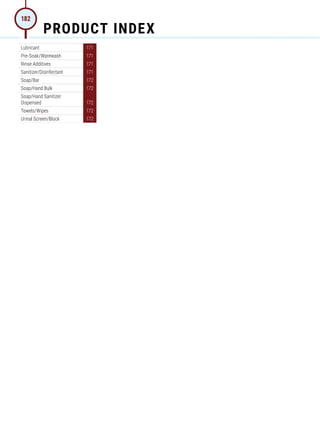Lubricant 171
Pre-Soak/Warewash 171
Rinse Additives 171
Sanitizer/Disinfectant 171
Soap/Bar 172
Soap/Hand Bulk 172
Soap/Hand Sanitizer
Dispensed 172
Towels/Wipes 172
Urinal Screen/Block 172
PRODUCT INDEX
182
 