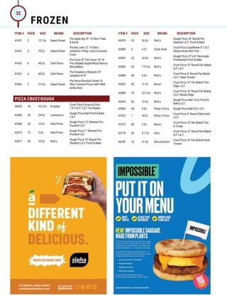 ITEM # PACK SIZE BRAND DESCRIPTION ITEM # PACK SIZE BRAND DESCRIPTION
DIFFERENT
KIND of
DELICIOUS.
MEATLESS MADE EASY.
For inquiries, please contact
sales@eatalphafoods.com
Let’s get social!
@alphafoods
41610 2 121 Oz Sweet Street
Pie Apple Big 10 14 Slice Thaw
 Serve
41614 4 79 Oz Sweet Street
Pie Key Lime 12 14 Slice
Authentic Fl Key Lime In Granola
Crust
41624 6 48 Oz Chef Pierre
Pie Fruits Of The Forest 10 Hi-
Pie Unbaked Apple/Rhub/Sberry/
Rbry/Blkbry
41625 6 48 Oz Chef Pierre
Pie Strawberry Rhubarb 10
Unbaked Hi-Pi
41969 2 3.9 Lb Sweet Street
Pie Pecan Bourbon Street 14
Slice Toasted Pecan Half Filled
w/Bourbon
PIZZA CRUST/DOUGH
40020 18 10.5 Oz B-Italian
Crust Pizza Focaccia Oval
7.5x10.5 I.Q.F. Par-Baked
43060 24 24 Oz Lamonica's
Dough Pizza Ball Proof  Bake
I.Q.F.
43068 20 14 Oz Villa Prima
Dough Pizza 12 Sheeted Pre-
Proofed I.Q.F.
43072 72 5 Oz Villa Prima
Dough Pizza 7 Sheeted Pre-
Proofed I.Q.F
43077 50 10 Oz Rich's
Dough Pizza 10 Round Pre-
Sheeted I.Q.F. Proof  Bake
43079 20 26 Oz Rich's
Dough Pizza 16 Round Pre-
Sheeted I.Q.F. Proof  Bake
43080 6 4 Ct Outer Aisle
Crust Pizza Cauliflower 8 I.Q.F.
Gluten/Grain/Nut Free
43081 22 24 Oz Rich's
Dough Pizza 12x16 Rectangle
Presheeted Proof  Bake
43083 24 7.75 Oz Rich's
Crust Pizza 10 Round Par-Baked
G/F I.Q.F.
43084 48 6 Oz Rich's
Crust Pizza 8 Round Par-Baked
I.Q.F. Hand Tossed
43087 30 11 Oz Bonici
Crust Pizza 14 Par-Baked Thin
Edge I.Q.F.
43088 10 22.5 Oz Rich's
Crust Pizza 16 Round Par-Baked
I.Q.F. Raised Edge
43094 36 13 Oz Rich's
Dough Pizza Ball 13 Oz Proof 
Bake I.Q.F.
43096 48 8 Oz Patty's Pizza Dough Pizza Ball 8 Oz I.Q.F.
43102 1 40 Ct Patty's Pizza
Crust Pizza 9 Round Oiled Herb
I.Q.F.
43122 80 5 Oz Bonici
Crust Pizza 10 Bar Baked Thin
X-Crispy
43778 20 9.7 Oz Udi's
Crust Pizza 12 Round Par-Baked
G/F I.Q.F.
46109 10 21 Oz Alive  Kickin'
Crust Pizza 16 Par-Baked Hand
Tossed
FROZEN
32
 