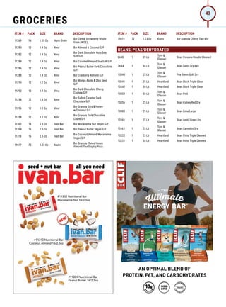 ITEM # PACK SIZE BRAND DESCRIPTION ITEM # PACK SIZE BRAND DESCRIPTION
AN OPTIMAL BLEND OF
PROTEIN, FAT, AND CARBOHYDRATES
11269 96 1.55 Oz Nutri-Grain
Bar Cereal Strawberry Whole
Grain (WGE)
11280 12 1.4 Oz Kind Bar Almond  Coconut G/F
11282 12 1.4 Oz Kind
Bar Dark Chocolate Nuts Sea
Salt G/F
11284 12 1.4 Oz Kind Bar Caramel Almond Sea Salt G/F
11286 12 1.4 Oz Kind
Bar Peanut Butter Dark Chocolate
G/F
11288 12 1.4 Oz Kind Bar Cranberry Almond G/F
11290 12 1.2 Oz Kind
Bar Mango Apple  Chia Seed
G/F
11292 12 1.4 Oz Kind
Bar Dark Chocolate Cherry
Cashew G/F
11294 12 1.4 Oz Kind
Bar Salted Caramel Dark
Chocolate G/F
11296 12 1.2 Oz Kind
Bar Granola Oats  Honey
w/Coconut G/F
11298 12 1.2 Oz Kind
Bar Granola Dark Chocolate
Chunk G/F
11302 16 2.5 Oz Ivan Bar Bar Macadamia Nut Vegan G/F
11304 16 2.5 Oz Ivan Bar Bar Peanut Butter Vegan G/F
11310 16 2.5 Oz Ivan Bar
Bar Coconut Almond Macadamia
Vegan G/F
19617 72 1.23 Oz Kashi
Bar Granola Chewy Honey
Almond Flax Display Pack
19619 72 1.23 Oz Kashi Bar Granola Chewy Trail Mix
BEANS, PEAS/DEHYDRATED
2642 1 25 Lb
Torn 
Glasser
Bean Peruano Double Cleaned
2644 1 50 Lb
Torn 
Glasser
Bean Lentil Dry Red
13040 1 25 Lb
Torn 
Glasser
Pea Green Split Dry
13041 1 25 Lb Heartland Bean Black Triple Clean
13042 1 50 Lb Heartland Bean Black Triple Clean
13053 1 50 Lb
Torn 
Glasser
Bean Pink
13056 1 25 Lb
Torn 
Glasser
Bean Kidney Red Dry
13083 1 25 Lb
Torn 
Glasser
Bean Lima Large
13160 1 25 Lb
Torn 
Glasser
Bean Lentil Green Dry
13163 1 25 Lb
Torn 
Glasser
Bean Cannelini Dry
13222 1 25 Lb Heartland Bean Pinto Triple Cleaned
13231 1 50 Lb Heartland Bean Pinto Triple Cleaned
GROCERIES
43
 