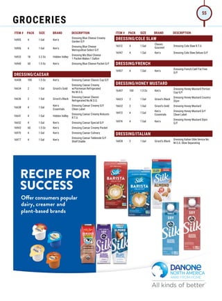 ITEM # PACK SIZE BRAND DESCRIPTION ITEM # PACK SIZE BRAND DESCRIPTION
16905 4 1 Gal Ken's
Dressing Blue Cheese Creamy
Garden G/F
16906 4 1 Gal Ken's
Dressing Blue Cheese
Metropolitan Select G/F
16933 18 3.2 Oz Hidden Valley
Dressing Mix Blue Cheese
1 Packet Makes 1 Gallon
16940 60 1.5 Oz Ken's Dressing Blue Cheese Packet G/F
DRESSING/CAESAR
16408 100 1.5 Oz Ken's Dressing Caesar Classic Cup G/F
16634 2 1 Gal Girard's Gold
Dressing Caesar Creamy
w/Parmesan Refrigerated
No M.S.G.
16636 2 1 Gal Girard's Black
Dressing Caesar Classic
Refrigerated No M.S.G.
16638 4 1 Gal
Ken's
Essentials
Dressing Caesar Creamy G/F
Clean Label
16641 4 1 Gal Hidden Valley
Dressing Caesar Creamy Robusto
R.T.U.
16652 4 1 Gal Ken's Dressing Caesar Special G/F
16943 60 1.5 Oz Ken's Dressing Caesar Creamy Packet
16970 4 1 Gal Ken's Dressing Caesar Culinary
16977 4 1 Gal Ken's
Dressing Caesar Tableside G/F
Shelf Stable
DRESSING/COLE SLAW
16512 4 1 Gal
Classic
Gourmet
Dressing Cole Slaw R.T.U.
16947 4 1 Gal Ken's Dressing Cole Slaw Deluxe G/F
DRESSING/FRENCH
16907 4 1 Gal Ken's
Dressing French Calif Fat Free
G/F
DRESSING/HONEY MUSTARD
16407 100 1.5 Oz Ken's
Dressing Honey Mustard Portion
Cup G/F
16623 2 1 Gal Girard's Black
Dressing Honey Mustard Country
Dijon
16632 2 1 Gal Girard's Gold Dressing Honey Mustard
16972 4 1 Gal
Ken's
Essentials
Dressing Honey Mustard G/F
Clean Label
16974 4 1 Gal Ken's
Dressing Honey Mustard Dijon
G/F
DRESSING/ITALIAN
16838 2 1 Gal Girard's Black
Dressing Italian Olde Venice No
M.S.G. Slow Separating
GROCERIES
55
 