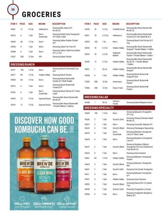 ITEM # PACK SIZE BRAND DESCRIPTION ITEM # PACK SIZE BRAND DESCRIPTION
16861 12 9.2 Oz Hellmann's
Dressing Mix Italian G/F
No M.S.G.
16910 4 1 Gal
Ken's
Essentials
Dressing Italian Herb Vinaigrette
G/F Clean Label
16945 60 1.5 Oz Ken's
Dressing Italian Golden Packet
G/F
16946 4 1 Gal Ken's Dressing Italian Fat Free G/F
16948 4 1 Gal Ken's
Dressing Italian California Golden
G/F Lo-Cal
17657 200 12 Gm PPI Dressing Italian Packet
DRESSING/RANCH
16411 100 1.5 Oz Ken's
Dressing Ranch Homestyle Cup
G/F
16617 84 1.5 Oz Hidden Valley Dressing Ranch Packet
16903 60 1.5 Oz Ken's
Dressing Ranch Buttermilk
Packet G/F Shelf Stable
16914 4 1 Gal Ken's
Dressing Ranch Buttermilk
Creamy G/F
16916 4 1 Gal
Ken's
Essentials
Dressing Ranch Deluxe G/F Clean
Label
16918 12 7.5 Oz Special House
Dressing Mix Ranch Buttermilk
No M.S.G.
16919 12 7.5 Oz Special House
Dressing Mix Ranch Buttermilk
1 Packet Makes 2 Gallons
16920 18 3.2 Oz Foothill Farms
Dressing Mix Ranch Buttermilk
No M.S.G.
16921 18 3.12 Oz Hellmann's
Dressing Mix Ranch Buttermilk
Country G/F, No Added M.S.G.
16925 100 1 Oz Ken's
Dressing Ranch Lite Portion G/F
Cup
16928 18 3.2 Oz Hidden Valley
Dressing Mix Ranch Buttermilk
Original 1 Packet Makes 1 Gallon
16929 18 3.2 Oz
Highland
Market
Dressing Mix Ranch Buttermilk
Packet 1 Packet Makes 1 Gallon
16930 12 3.2 Oz Hidden Valley
Dressing Mix Ranch Buttermilk
No M.S.G. 1 Packet Makes
1 Gallon
16931 1 20 Lb Hidden Valley
Dressing Mix Ranch Buttermilk
Original
16938 4 1 Gal Hidden Valley
Dressing Ranch Buttermilk
Original Fresh
17659 200 12 Gm Americana
Dressing Ranch Buttermilk
Packet
17856 200 12 Gm Flavor Fresh
Dressing Ranch Buttermilk
Packet
DRESSING/SALAD
16348 1 30 Lb
Ventura
Foods
Dressing Salad Whipped Carton
DRESSING/SPECIALTY
16409 100 1.5 Oz Ken's
Dressing Balsamic Vinaigrette
G/F Cup
16626 2 1 Gal Girard's Gold
Dressing Chinese Chicken Salad
No M.S.G.
16637 2 1 Gal Ken's Dressing Cucumber Wasabi G/F
16642 2 1 Gal Girard's Black Dressing Champagne Separating
16643 4 1 Gal
Ken's
Essentials
Dressing Balsamic Vinaigrette
Lite G/F Clean Label
16645 4 1 Gal Ken's
Dressing Raspberry Vinaigrette
Lite G/F
16647 2 1 Gal Girard's Black
Dressing Raspberry Walnut
Vinaigrette Fat Free Cholesterol
Free No M.S.G.
16653 4 1 Gal Ken's Dressing Asian Sesame
16661 84 1.5 Oz Hidden Valley
Dressing Balsamic Vinaigrette
Packet
16665 2 1 Gal Girard's Black
Dressing Balsamic Vinaigrette
Red
16667 2 1 Gal Girard's Gold Dressing Feta Greek Vinaigrette
16911 4 1 Gal Ken's
Dressing Balsamic Vinaigrette
G/F
16941 4 1 Gal Hidden Valley Dressing Asian Sesame
16942 2 1 Gal Girard's Black
Dressing/Sauce/Stir Fry Sweet
Thai
16949 2 1 Gal Girard's Gold Dressing Vinaigrette La Scala
16958 4 1 Gal Ken's
Dressing Vinaigrette Raspberry
Walnut G/F
GROCERIES
56
 