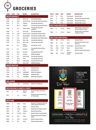ITEM # PACK SIZE BRAND DESCRIPTION ITEM # PACK SIZE BRAND DESCRIPTION
MIXES/GRIDDLE
14320 1 25 Lb Rich-In-All Pancake Mix Regular
14340 8 60 Oz Sunrich Foods Pancake Mix Buttermilk Premium
14341 6 5 Lb Pillsbury Pancake Mix Buttermilk
14347 1 50 Lb Pillsbury Pancake Mix Buttermilk Old West
14348 6 5 Lb Golden Valley
Pancake Mix Buttermilk
Complete
14350 6 5 Lb Rich-In-All Pancake Mix Regular
14352 10 42 Oz Sunrich Foods Pancake Mix Pumpkin Walnut
14356 6 5 Lb General Mills Pancake Mix Complete Value
14360 6 5 Lb Rich-In-All Pancake Mix Honey Whole Wheat
14380 1 50 Lb Rich-In-All Pancake Mix Buttermilk
14410 1 25 Lb Rich-In-All Pancake Mix Buttermilk
14412 6 5 Lb
Classic
Gourmet
Pancake Mix 7 Grain
14472 6 5 Lb Krusteaz
Pancake Mix Buttermilk Add
Water
14474 1 50 Lb Krusteaz Pancake Mix Buttermilk
14542 6 5 Lb Krusteaz Waffle Mix Belgian
14748 6 5 Lb Dawn Foods Pancake Mix Buttermilk
14749 1 25 Lb R  H Pancake Mix Buttermilk
14751 1 50 Lb Dawn Foods Pancake Mix Buttermilk
14753 6 5 Lb Rich-In-All Waffle Mix Belgian
MIXES/MUFFIN
14763 6 5 Lb R  H Muffin Mix Basic
14764 6 5 Lb R  H Muffin Mix Corn
14766 6 4.87 Lb Gold Medal Muffin Mix Blueberry
14770 6 5 Lb Gold Medal Muffin Mix Basic
14835 6 5 Lb Gold Medal Muffin Mix Honey Bran
MOLASSES
10075 4 1 Gal Old Country Molasses Unsulphered
MUSHROOMS/CANNED  DRIED
7563 6 10
Horn Of
Plenty
Mushroom Stems  Pieces In
Brine
7596 1 1 Lb Urbani
Mushroom Porcini Dried Grade
B/C Origin Italy
MUSTARD
15808 6 104 Oz Heinz
Mustard For Dispensing The Jug
Plastic Bottle (Pump #6127)
15810 4 1 Gal Walker Mustard Yellow
15812 2 1.5 Gal Heinz Mustard Pouch Dispenser Pack
15815 4 1 Gal Gulden's Mustard Spicy Brown
15847 16 12.75 Oz Heinz Mustard Classic Squeeze Bottle
15848 16 13 Oz Heinz
Mustard Upside Down Squeeze
Bottle
15852 12 12 Oz French's Mustard Squeeze Bottle
15853 16 9 Oz Heinz Mustard Squeeze Bottle
15870 12 8 Oz Grey Poupon Mustard Dijon
15871 12 10 Oz Grey Poupon Mustard Dijon Squeeze Bottle
15872 6 24 Oz Grey Poupon Mustard Dijon Classic
15873 12 8 Oz Grey Poupon Mustard Dijon Country
MUSTARD/IMPORTED
15865 6 9.25 Lb Roland
Mustard Dijon Smooth Extra
Strong Product of France
15866 6 8.56 Lb Roland
Mustard Dijon Grained Wine
Product of France
MUSTARD/INDIVIDUAL
15854 500 0.2 Oz Heinz Mustard Packet
15862 60 2 Oz Heinz
Mustard Dijon Room Service
Glass Jar
15875 200 .25 Oz Grey Poupon Mustard Dijon Packet
17621 1000 1/5 Oz Heinz Mustard Packet
17624 100 1 Oz Heinz Mustard w/Honey Dipping Cup
17855 500 5.5 Gm
Diamond
Crystal
Mustard Packet
GROCERIES
68
 