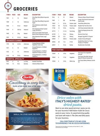 ITEM # PACK SIZE BRAND DESCRIPTION ITEM # PACK SIZE BRAND DESCRIPTION
Drive sales with
ITALY’S HIGHEST-RATED*
dried pasta.
Want to see what award-winning* pasta can do
for your business? Add Italian-made De Cecco
pasta to your menu. Its award-winning quality
and taste will make it The One and Only pasta
for your business.
*Adiconsum Dry Pasta Winner for Quality and Taste, March 21, 2018
©2018 F.lli De Cecco di Filippo
CALL OUR TEAM AT 212-661-2336
TO EXPERIENCE THE DE CECCO DIFFERENCE.
C
M
Y
CM
MY
CY
CMY
K
DEC-022 Jordanos Ad HIRES.pdf 1 10/19/18 3:14 PM
7387 6 10 Roland
Olive Ripe Sliced Black Imported
Spain
7389 6 10 Ambrosia
Olive Ripe Sliced Black Imported
Egypt
7446 1 42 Lb Roland
Olive Kalamata Jumbo Greek
With Pit
7448 6 3lb 5oz Atalanta
Olive Kalamata Pitted Turkish
Large 220/260 Ct
7449 6 2 Kg Roland
Olive Country Mix Pitted Greek
Black/Green/Kalamata w/Spices
7452 6 4.4 Lb Roland
Olive Kalamata Pitted Large
Greek
ORANGES/CANNED
1199 96 4.5 Oz Ambrosia
Orange Mandarin Whole
Segement Juice Cup
1231 6 10 Roland
Orange Mandarin L/S Whole
Segments
1232 6 10 Ambrosia
Orange Mandarin L/S Whole
Segments Product of China
1234 12 30 Oz Ambrosia
Orange Mandarin L/S Whole
Segments
ORIENTAL SPECIALTY
7610 6 10 La Choy Noodle Chow Mein
7614 12 8 Oz Dynasty Chestnut Water Sliced
7616 6 10 Roland Chestnut Water Sliced  Peeled
7845 1 Gal Gari Shoga
Ginger Pink Sliced  Seasoned
Sushi Grade
15507 1 32 Oz Packer Label Paste Miso White Shiro
15531 30 13.2 Oz Packer Label Noodle Pad Thai Rice 3mm
17142 12 18 Oz Huy Fong Chili Paste Sambal Oelek USA
60710 1 2.2 Lb Sunchang
Paste Gochujang Korean Hot
Chile
60728 1 10 Lb Peking Wonton Strip Fried
60800 20 2 Lb Peking Wrapper Egg Roll 7x7 Square
60830 1 350 Ct Packer Label Cookie Fortune Wrapped
60856 60 1 Lb 2 Fish
Noodle Rice Stick For Frying
Product of Thailand
60857 1 10 Lb Nanka Noodle Udon Dried Bulk
PAN COATING
18540 6 14 Oz Vegalene
Pan Spray Pure Vegetable
Aerosol
18543 6 17 Oz Vegalene
Pan Spray Olive Mist Aerosol
Blend Of Olive  Canola Oils
18548 6 14 Oz White Cap
Pan Spray Bakery Release Canola
Oil
GROCERIES
70
 