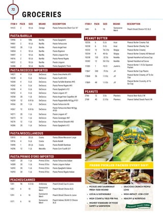 ITEM # PACK SIZE BRAND DESCRIPTION ITEM # PACK SIZE BRAND DESCRIPTION
FRESH PICKLES PACKED EVERY DAY!
• PICKLES AND SAUERKRAUT
FRESH YEAR-ROUND
• LOCAL  SUSTAINABLE
• HIGH COUNT  YIELD PER PAIL
• HIGHEST STANDARD OF FOOD
SAFETY  SANITATION
• DELICIOUS CRUNCH PEOPLE
LOVE
• HIGH-IMPACT, LOW-COST
• HEALTHY  NUTRITIOUS
14123 2 10 Lb Zerega Pasta Fettuccine Short Cut 10
PASTA/BARILLA
13996 2 10lb Barilla Pasta Spaghetti
14001 2 10 Lb Barilla Pasta Fettuccine
14002 20 1 Lb Barilla Pasta Angel Hair
14004 2 10 Lb Barilla Pasta Rigatoni
14007 2 10 Lb Barilla Pasta Linguini Fini
14016 2 10 Lb Barilla Pasta Penne Rigate
14031 2 10 Lb Barilla Pasta Linguini
14288 2 10 Lb Barilla Pasta Spaghetti Thick
PASTA/DECECCO IMPORTED
14021 4 5 Lb DeCecco Pasta Orecchiette #91
14238 4 5 Lb DeCecco Pasta Fusilli #34
14240 4 5 Lb DeCecco Pasta Farfalle Bowties #93
14242 4 5 Lb DeCecco Pasta Penne Rigate #41
14246 4 5 Lb DeCecco Pasta Spaghetti #12
14252 4 5 Lb DeCecco Pasta Linguini #7
14258 20 1 Lb DeCecco Pasta Angel Hair Capellini #9
14259 12 8.8 Oz DeCecco Pasta Pappardella W/Egg #101
14266 20 1 Lb DeCecco Pasta Fettuccine #6
14267 12 8.8 Oz DeCecco
Pasta Fettuccine Nest W/Egg
#103
14271 20 1 Lb DeCecco Pasta Linguini #7
14273 12 1 Lb DeCecco Pasta Cavatappi #87
14274 12 1 Lb DeCecco Pasta Penne Smooth #40
14286 20 1 Lb DeCecco Pasta Spaghetti #12
PASTA/MISCELLANEOUS
13915 1 20 Lb Costa Pasta Elbow Macaroni Large
13916 4 5 Lb Costa Pasta Rotelli
14096 1 20 Lb Costa Pasta Rotelli Rainbow
14296 12 1 Lb Mariella Pasta Corn Fusilli G/F
PASTA/PRIMIO D'ORO IMPORTED
14287 20 1 Lb Primio D'Oro Pasta Fettuccine Italian
14289 20 1 Lb Primio D'Oro Pasta Linguini Italian
14292 20 1 Lb Primio D'Oro Pasta Spaghetti Italian
14293 20 1 Lb Primio D'Oro Pasta Penne Rigate Italian
PEACHES/CANNED
1201 96 4.5 Oz Ambrosia Peach Diced Cup In Juice
1281 6 10
Sunsource
Merit
Peach Sliced Choice XLS
1291 6 10
Sunsource
Merit
Peach Sliced Choice In Juice
1371 6 10
Sunsource
Merit
Peach Halves 30/40 Ct Choice
XLS
1491 6 10
Sunsource
Merit
Peach Diced Choice Y/C XLS
PEANUT BUTTER
10226 6 5 Lb Azar Peanut Butter Creamy Tub
10228 6 5 Lb Azar Peanut Butter Chunky Tub
10232 12 16.3 Oz Skippy Peanut Butter Creamy
10234 8 40 Oz Skippy Peanut Butter Creamy All Natural
10238 120 .52 Oz Nutella Spread Hazelnut w/Cocoa Cup
10242 12 26.5 Oz Nutella Spread Hazelnut w/Cocoa
11283 1 10 Ct Justin's
Peanut Butter 1.15 Oz Squeeze
Packet
17867 200 .75 Oz Jif Peanut Butter Cup Plastic
17868 36 1.5 Oz Jif
Peanut Butter Creamy Jif To Go
Cup
17869 48 1.5 Oz Jif
Peanut Butter Crunchy Jif To
Go Cup
PEANUTS
2766 12 3 Oz Planters Peanut Beer Nuts I/W
2768 45 2.5 Oz Planters Peanut Salted Snack Pack I/W
GROCERIES
72
 