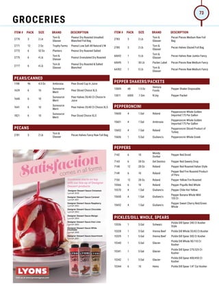 ITEM # PACK SIZE BRAND DESCRIPTION ITEM # PACK SIZE BRAND DESCRIPTION
Satisfaction
comes in all forms
Designer Dessert Sauce Cinnamon
Lyons# 2636
Designer Dessert Sauce Caramel
Lyons# 2661
Designer Dessert Sauce Raspberry
Lyons# 2662
Designer Dessert Sauce Chocolate
Lyons# 2663
Designer Dessert Sauce Mango
Lyons# 2664
Designer Dessert Sauce Kiwi Lime
Lyons# 2665
Designer Dessert Sauce White
Chocolate
Lyons# 2666
Designer Dessert Sauce Assortment
Lyons# 2667
Goodness starts on top
with our line up of Designer
Dessert products
Visit us at www.lyonsmagnus.com
2770 3 2 Lb
Torn 
Glasser
Peanut Dry Roasted Unsalted
Blanched Foil Bag
2771 12 2 Oz Trophy Farms Peanut Low Salt All Natural I/W
2772 6 52 Oz Planters Peanut Dry Roasted Salted
2775 6 4 Lb
Torn 
Glasser
Peanut Granulated Dry Roasted
2777 6 4 Lb
Torn 
Glasser
Peanut Dry Roasted  Salted
Blanched
PEARS/CANNED
1198 96 4.5 Oz Ambrosia Pear Diced Cup In Juice
1639 6 10
Sunsource
Merit
Pear Sliced Choice XLS
1640 6 10
Sunsource
Merit
Pear Halves 35/40 Ct Choice In
Juice
1641 6 10
Sunsource
Merit
Pear Halves 35/40 Ct Choice XLS
1821 6 10
Sunsource
Merit
Pear Diced Choice XLS
PECANS
2781 3 2 Lb
Torn 
Glasser
Pecan Halves Fancy Raw Foil Bag
2783 3 2 Lb
Torn 
Glasser
Pecan Pieces Medium Raw Foil
Bag
2785 3 2 Lb
Torn 
Glasser
Pecan Halves Glazed Foil Bag
60692 1 5 Lb
Torn 
Glasser
Pecan Halves Raw Jumbo Fancy
60695 1 30 Lb Packer Label Pecan Pieces Raw Medium Fancy
64302 1 5 Lb
Torn 
Glasser
Pecan Pieces Raw Medium Fancy
PEPPER SHAKERS/PACKETS
13009 48 1.5 Oz
Ventura
Foods
Pepper Shaker Disposable
13011 6000 .1 Gm N'Joy Pepper Packet
PEPPERONCINI
15600 4 1 Gal Roland
Pepperoncini Whole Golden
Imported 175 Per Gallon
15601 4 1 Gal Ambrosia
Pepperoncini Whole Golden
Imported 175 Per Gallon
15602 4 1 Gal Roland
Pepperoncini Sliced Product of
Turkey
15606 1 5 Gal Giuliano's Pepperoncini Whole Greek
PEPPERS
7142 6 10
Moody
Dunbar
Pepper Red Diced
7143 6 28 Oz Del Destino Pepper Red Sweety Drop
7148 12 28 Oz Roland Pepper Red Roasted Italian Style
7149 6 10 Roland
Pepper Red Fire Roasted Product
of Peru
7150 12 28 Oz Roland Pepper Yellow Fire Roasted
15566 6 10 Roland Pepper Piquillo Red Whole
15570 4 1 Gal Giuliano's Pepper Chile Hot Yellow
15650 4 1 Gal Giuliano's
Pepper Banana Whole Mild
135 Ct
15692 4 1 Gal Giuliano's
Pepper Sweet Cherry Red/Green
Whole
PICKLES/DILL WHOLE, SPEARS
13536 1 5 Gal Schwarz
Pickle Dill Spear 240 Ct Kosher
Style
15328 1 5 Gal Vienna Beef Pickle Dill Whole 55/65 Ct Kosher
15329 1 5 Gal Vienna Beef Pickle Dill Spear 300 Ct Kosher
15340 1 5 Gal Glacier
Pickle Dill Whole 90/110 Ct
Kosher
15341 1 5 Gal Glacier
Pickle Dill Spear 275/325 Ct
Kosher
15342 1 5 Gal Glacier
Pickle Dill Spear 400/450 Ct
Kosher
15344 6 10 Heinz Pickle Dill Spear 1/4 Cut Kosher
GROCERIES
73
 