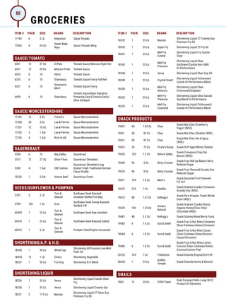 ITEM # PACK SIZE BRAND DESCRIPTION ITEM # PACK SIZE BRAND DESCRIPTION
17190 6 5 Lb Kikkoman Glaze Teriyaki
17605 4 64 Oz
Sweet Baby
Rays
Sauce Teriyaki Wing
SAUCE/TOMATO
6301 12 27 Oz El Pato Tomato Sauce Mexican Style Hot
6331 12 28 Oz Mission Pride Tomato Sauce
6333 6 10 Heinz Tomato Sauce
6335 6 10 Stanislaus Tomato Sauce Fancy Full Red
6337 6 10
Sunsource
Merit
Tomato Sauce Fancy
6459 6 10 Stanislaus
Tomato Sauce Base Signature
Pomarola Saut'd Onions/Garlic/
Olive Oil/Basil
SAUCE/WORCESTERSHIRE
17199 12 5 Oz French's Sauce Worcestershire
17200 24 5 Oz Lea  Perrins Sauce Worcestershire
17201 12 10 Oz Lea  Perrins Sauce Worcestershire
17202 3 1 Gal Lea  Perrins Sauce Worcestershire
17236 4 1 Gal Rich-In-All Sauce Worcestershire
SAUERKRAUT
5300 6 10 Bay Valley Sauerkraut
5313 12 27 Oz Silver Floss Sauerkraut Shredded
5330 4 1 Gal Old Fashion
Sauerkraut Shredded Long
Kosher Fresh Traditional German
Flavor Profile
15335 1 2 Gal Vienna Beef Sauerkraut Fresh
SEEDS/SUNFLOWER  PUMPKIN
2787 3 2 Lb
Torn 
Glasser
Sunflower Seed Roasted
Unsalted Shelled Foil Bag
2789 150 1 Oz Azar
Sunflower Seed Honey Roasted
Shelled I/W
60509 1 25 Lb
Torn 
Glasser
Sunflower Seed Raw Unsalted
60510 1 25 Lb
Torn 
Glasser
Sunflower Seed Roasted Salted
60515 1 5 Lb
Torn 
Glasser
Pumpkin Seed Pepita Unroasted
SHORTENING/A.P.  H.D.
18430 1 50 Lb White Cap
Shortening All Purpose Low-Melt
Palm Oil
18443 12 1 Lb Crisco Shortening Vegetable
18537 1 50 Lb Fry King Shortening A/V Blend
SHORTENING/LIQUID
18226 1 35 Lb Versa
Shortening Liquid Canola Clear
Fry
18330 1 35 Lb Versa Shortening Liquid Creamy Soy
18331 2 17.5 Lb Mazola
Shortening Liquid ZT Clear Soy
Premium Fry Oil
18332 1 35 Lb Mazola
Shortening Liquid ZT Creamy Soy
Premium Fry Oil
18333 1 35 Lb Super Fry Shortening Liquid ZT Fry Oil
18341 1 35 Lb
Mel-Fry
Extend
Shortening Liquid Fry Canola
Clear
18342 1 35 Lb
Mel-Fry
Premium
Shortening Liquid Clear
Sunflower/Canola Non-GMO
Hi-Performance
18348 1 35 Lb Versa Shortening Liquid Clear Soy Oil
18349 1 35 Lb Crystal Smart
Shortening Liquid Cottonseed
Canola Hi-Performance Blend
18350 1 35 Lb
Mel-Fry
Advance
Shortening Liquid Clear
Cottonseed/Soybean
18352 1 35 Lb
Mel-Fry
Premium
Shortening Liquid Clear Canola
Soy Blend Hi Performance
18355 1 35 Lb
Mel-Fry
Essential
Shortening Liquid Cottonseed/
Canola Hi-Performance Blend
SNACK PRODUCTS
19607 60 1.03 Oz Chex
Snack Mix Chex Strawberry
Yogurt (WGE)
19611 60 .92 Oz Chex Snack Mix Chex Cheddar (WGE)
19612 60 .92 Oz Chex
Snack Mix Chex Hot  Spicy
(WGE)
19614 24 .75 Oz Pirate's Booty Snack Puff Aged White Cheddar
19633 120 1.2 Oz Nature Valley
Snack Cinnamon Crisp Oat
Biscuit (WGE)
19669 96 .5 Oz Betty Crocker
Snack Fruit Roll Up Blastin Berry
Reduced Sugar
19670 96 .9 Oz Betty Crocker
Snack Fruit Flavored Scooby Doo
Reduced Sugar
19671 144 1.6 Oz Mott's
Snack Assorted Fruit Flavored
F/F G/F
19672 210 1 Oz Keebler
Snack Graham Cracker Cinnamon
Scooby Doo (WGE)
19675 80 1.41 Oz Kellogg's
Snack Rice Krispies Treats Whole
Grain (WGE)
19678 100 1.25 Oz
Annie's
Natural
Snack Graham Cracker Bunny
Organic Honey/Choc Chip/
Chocolate (WGE)
19681 48 2.5 Oz Kellogg's Snack Gummy Mixed Berry Fruity
19682 6 1.6 Oz Sun  Swell
Snack Fruit  Nut Bites Cinnamon
Clean-Cashews/Dates/Cinnamon
19684 6 1.6 Oz Sun  Swell
Snack Fruit  Nut Bites Cacao
Clean-Cashews/Dates/Raisins/
Cacao/Cinnamon
19686 6 1.6 Oz Sun  Swell
Snack Fruit  Nut Bites Lemon
Coconut Clean-Cashews/Dates/
Coconut/Lemon Peel
20126 144 1 Oz Fieldstone Snack Granola Original SLV I/W
60426 1 25 Lb
Golden
Temple
Snack Granola Honey  Almond
SNAILS
7865 12 28 Oz Eiffel Tower
Snail Escargot Helix Large 96 Ct
Product Of Indonesia
GROCERIES
80
 