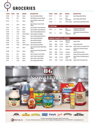 ITEM # PACK SIZE BRAND DESCRIPTION ITEM # PACK SIZE BRAND DESCRIPTION
®
BG Foods, Inc.
Proudly represented by KeyImpact Sales  Systems Inc.
For more information please contact: Laurie Hidalgo @ lhidalgo@kisales.com • 805 698-9422 • www.bgfoods.com

21355 1 14 Oz Baron Spice Fennel Seed Whole
21366 1 4 Oz Baron Spice Marjoram Leaves Whole
21370 1 5 Oz Baron
Spice Oregano Leaves Greek
Whole
21372 1 24 Oz Baron
Spice Oregano Leaves Greek
Whole
21373 1 5 Oz Baron Spice Oregano Leaves Mexican
21374 1 1.5 Lb Baron Spice Oregano Leaves Mexican
21379 1 14 Oz Baron Spice Pickling Whole No M.S.G.
21380 1 17 Oz Chef's Choice Spice Peppercorn Medley
21381 1 4 Lb Baron Spice Pickling Whole No M.S.G.
21384 1 20 Oz Baron Spice Poppy Seed Whole
21390 1 8 Oz Baron Spice Rosemary Whole
21392 1 32 Oz Baron Spice Rosemary Whole
21398 1 18 Oz Chef's Choice Spice Sesame Seed White
21399 1 18 Oz Baron
Spice Sesame Seed Hulled White
Whole
21400 1 5.5 Lb Baron
Spice Sesame Seed Hulled White
Whole
21401 1 4 Oz Baron Spice Tarragon Leaves Whole
21408 1 6 Oz Baron Spice Thyme Leaves Whole
21409 1 28 Oz Baron Spice Thyme Leaves Whole
21421 1 16 Oz Baron Spice Pepper Black Whole
21423 1 5 Lb Baron Spice Pepper Black Whole
21426 1 22 Oz
KFK
Seasonings
Spice Pepper White Whole
21458 1 6 Lb Chef's Choice Spice Sesame Seed Black Whole
STUFFING
14926 6 55 Oz
Mrs.
Cubbison's
Stuffing Mix White Bread
Traditional w/Spice Mix
14927 6 56 Oz
Mrs.
Cubbison's
Stuffing Mix Cornbread W/Spice
Mix
SUGAR PACKETS  STICKS
12831 2000 2.8 Gm
Sugar For
The Soul
Sugar Packet
12839 2000 1/10 Oz C  H Sugar Packet Plain
12842 2000 3.5 Gm Sugar In Raw Sugar Stick Euro Turbinado Cane
12845 2000 3 Gm ecoStick
Sugar Stick Turbinado Organic
Natural
12855 2000 2.8 Gm Jordano's Sugar Packet Jordano's
12857 2000 2.8 Gm ecoStick Sugar Stick Cane Organic White
12858 1200 4.5 Gm
Tropically
Grow
Sugar Packet Turbinado Natural
Cane
12871 1200 4.5 Gm Sugar In Raw Sugar Packet Turbinado Cane
GROCERIES
86
 