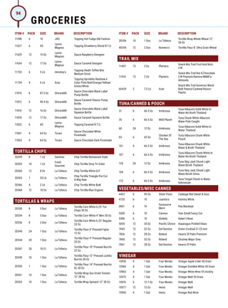 ITEM # PACK SIZE BRAND DESCRIPTION ITEM # PACK SIZE BRAND DESCRIPTION
11598 6 10 JHS Topping Hot Fudge Old Fashion
11627 6 #5
Lyons-
Magnus
Topping Strawberry Sliced R.T.U.
11629 12 15 Oz
Lyons-
Magnus
Sauce Raspberry Designer
11634 12 17 Oz
Lyons-
Magnus
Sauce Caramel Designer
11733 6 5 Lb Hershey's
Topping Heath Toffee Bits
Medium Grind
11734 4 6 Lb Azar
Topping Sprinkles Rainbow 6
Color Pink/Red/Orange/Yellow/
Green/White
11810 6 87.3 Oz Ghirardelli
Sauce Chocolate Black Label
Pump Bottle
11812 6 90.4 Oz Ghirardelli
Sauce Caramel Classic Pump
Bottle
11816 12 16 Oz Ghirardelli
Sauce Chocolate Black Label
Squeeze Bottle
11818 12 17 Oz Ghirardelli Sauce Caramel Squeeze Bottle
11832 6 #5
Lyons-
Magnus
Topping Caramel R.T.U.
11841 4 64 Oz Torani
Sauce Chocolate White
Puremade
11843 4 64 Oz Torani Sauce Chocolate Dark Puremade
TORTILLA CHIPS
20299 8 1 Lb Santitas Chip Tortilla Restaurant Style
20355 10 1 Lb
Fresh
Gourmet
Chip Tortilla Strip Tri-Color
20360 12 8 Oz La Tolteca Chip Tortilla White G/F
20363 1 20 Lb La Tolteca
Chip Tortilla Triangle Pre-Cut
4-Way Raw
20366 4 2 Lb La Tolteca Chip Tortilla White Bulk
20368 12 10 Oz La Tolteca Chip Tortilla Blue Organic
TORTILLAS  WRAPS
20330 8 5 Doz La Tolteca
Tortilla Corn White 6.25 For
Chips 30 Oz
20334 8 5 Doz La Tolteca Tortilla Corn White 4 Mini 30 Oz
20336 8 3 Doz La Tolteca
Tortilla Corn White 6.25 Regular
33 Oz
20340 24 1 Doz La Tolteca
Tortilla Flour 6 Pressed Fajita
12 Oz
20344 20 1 Doz La Tolteca
Tortilla Flour 9 Pressed Regular
20 Oz
20347 20 10 Ct La Tolteca
Tortilla Flour 10 Pressed Burrito
22 Oz
20349 10 1 Doz La Tolteca
Tortilla Flour 12 Pressed Jumbo
Burrito 38 Oz
20350 1 1 Doz La Tolteca
Tortilla Flour 14 Pressed Burrito
XL 50 Oz
20351 10 1 Doz La Tolteca
Tortilla Wrap Sun-Dried Tomato
12 38 Oz
20353 10 1 Doz La Tolteca Tortilla Wrap Spinach 12 38 Oz
20356 10 1 Doz La Tolteca
Tortilla Wrap Whole Wheat 12
36 Oz
40345 12 2 Doz Romero's Tortilla Flour 8 Ultra Grain Wheat
TRAIL MIX
11407 72 2 Oz Planters
Snack Mix Trail Fruit And Nuts
I/W
11410 72 2 Oz Planters
Snack Mix Trail Nut  Chocolate
I/W Peanuts/Raisins/MM's/
Almonds
60439 2 7.5 Lb Azar
Snack Mix Trail Governor Blend
Bulk Peanut/Cashew/Raisin/
Pepita
TUNA/CANNED  POUCH
31 6 66.5 Oz Ambrosia
Tuna Albacore Solid White In
Water No Broth Thailand
35 6 66.5 Oz Wild Planet
Tuna Chunk White Albacore
Water Pole Caught
60 24 12 Oz Ambrosia
Tuna Albacore Solid White In
Water Thailand
65 6 43 Oz
Chicken Of
The Sea
Tuna Albacore Chunk White
Pouch
101 6 66.5 Oz Ambrosia
Tuna Albacore Chunk White
Water  Broth Thailand
107 6 66.5 Oz Ambrosia
Tuna Albacore Chunk White In
Water No Broth Thailand
120 24 12 Oz Ambrosia
Tuna Skip Jack Chunk Light
Water/Broth Thailand
150 6 66.5 Oz Ambrosia
Tuna Skip Jack Chunk Light
Water/Broth China
172 6 66.5 Oz Ambrosia
Tuna Tongel Chunk In Water
Indonesian
VEGETABLES/MISC CANNED
4422 6 99 Oz Silver Floss Cabbage Red Sweet  Sour
4720 6 10 Juanita's Hominy White
4901 6 10
Sunsource
Merit
Pea Blackeye
5200 6 10 Cannon Yam Small Fancy Cut
5386 6 10 Stokely Salad 3 Bean
5655 12 24 Oz Pacific Choice Asparagus Pickled Glass
7445 12 32 Oz Del Destino Onion Cocktail 21-23 mm
7836 12 28 Oz Roland Hearts Of Palm Premium
7840 12 32 Oz Roland Chutney Major Grey
7841 12 28 Oz Del Destino Hearts Of Palm
VINEGAR
15930 4 1 Gal Four Monks Vinegar Apple Cider 40 Grain
15960 4 1 Gal Four Monks Vinegar Distilled White 50 Grain
15963 4 1 Gal Four Monks Vinegar White Wine 5% Acidity
15975 4 1 Gal Four Monks Vinegar Malt 50 Grain
15976 6 12.7 Oz Four Monks Vinegar Malt
15977 12 12 Oz Heinz Vinegar Malt
15995 4 1 Gal Heinz Vinegar Red Wine
GROCERIES
94
 