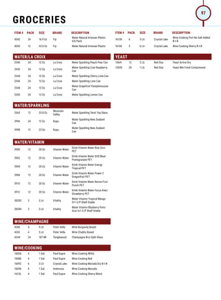 ITEM # PACK SIZE BRAND DESCRIPTION ITEM # PACK SIZE BRAND DESCRIPTION
4042 24 16.9 Oz Fiji
Water Natural Artesian Plastic
4/6 Pack
4043 12 33.8 Oz Fiji Water Natural Artesian Plastic
WATER/LA CROIX
2540 24 12 Oz La Croix Water Sparkling Peach Pear Can
2542 24 12 Oz La Croix
Water Sparkling Cran Raspberry
Can
2544 24 12 Oz La Croix Water Sparkling Cherry Lime Can
2546 24 12 Oz La Croix Water Sparkling Lime Can
2548 24 12 Oz La Croix
Water Grapefruit Pamplemousse
Can
2550 24 12 Oz La Croix Water Sparkling Lemon Can
WATER/SPARKLING
2563 12 33.8 Oz
Mountain
Valley
Water Sparkling Twist Top Glass
3996 24 12 Oz Kopu
Water Sparkling New Zealand
Can
3998 12 23 Oz Kopu
Water Sparkling New Zealand
Can
WATER/VITAMIN
3900 12 20 Oz Vitamin Water
Drink Vitamin Water Rise Zero
PET
3902 12 20 Oz Vitamin Water
Drink Vitamin Water XXX Blue/
Pomegranate PET
3904 12 20 Oz Vitamin Water
Drink Vitamin Water Energy
Tropical PET
3906 12 20 Oz Vitamin Water
Drink Vitamin Water Power C
Dragonfruit PET
3910 12 20 Oz Vitamin Water
Drink Vitamin Water Revive Fruit
Punch PET
3912 12 20 Oz Vitamin Water
Drink Vitamin Water Focus Kiwi/
Strawberry PET
38283 3 3 Ltr Vitality
Water Vitamin Tropical Mango
5+1 E/P Shelf Stable
38284 3 3 Ltr Vitality
Water Vitamin Blueberry Pom/
Acai 5+1 E/P Shelf Stable
WINE/CHAMPAGNE
4240 4 5 Ltr Peter Vella Wine Burgundy Boxed
4242 4 5 Ltr Peter Vella Wine Chablis Boxed
4344 24 187 Ml Tanglewood Champagne Brut Split Glass
WINE/COOKING
16056 4 1 Gal Paul Dupre Wine Cooking White
16086 4 1 Gal Paul Dupre Wine Cooking Red
16092 6 3 Ltr Crystal Lake Wine Cooking Marsala Dry B-I-B
16096 4 1 Gal Ambrosia Wine Cooking Marsala
16126 4 1 Gal Paul Dupre Wine Cooking Sherry Blend
16138 6 3 Ltr Crystal Lake
Wine Cooking Port No Salt Added
B-I-B
16140 3 6 Ltr Crystal Lake Wine Cooking Sherry B-I-B
YEAST
13641 12 2 Lb Red Star Yeast Active Dry
13650 20 1 Lb Red Star Yeast Wet Fresh Compressed
GROCERIES
97
 