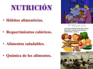 Nutrición
• Hábitos alimenticios.

• Requerimientos calóricos.

• Alimentos saludables.

• Química de los alimentos.
 
