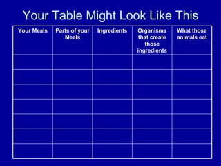 Your Table Might Look Like This Your Meals Parts of your Meals Ingredients Organisms that create those ingredients What those animals eat 