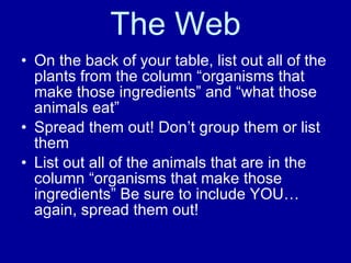 The Web On the back of your table, list out all of the plants from the column  “organisms that make those ingredients” and “what those animals eat” Spread them out! Don ’t group them or list them List out all of the animals that are in the column  “organisms that make those ingredients” Be sure to include YOU… again, spread them out! 