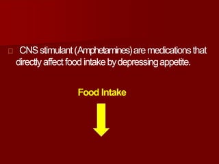 CNSstimulant(Amphetamines)aremedicationsthat
directlyaffect food intakebydepressingappetite.
Food Intake
 