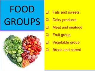 FOOD
GROUPS
 Fats and sweets
 Dairy products
 Meat and seafood
 Fruit group
 Vegetable group
 Bread and cereal
 