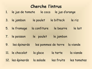 Cherche l’intrus le jus de tomate  le coca  le jus d’orange le jambon  le poulet  le bifteck  le riz le fromage  la confiture  le beurre  le lait le poisson  le  poulet  le jambon les  épinards  les pommes de terre  la viande le chocolat la glace la tarte la viande les épinards la salade les fruits les tomates 