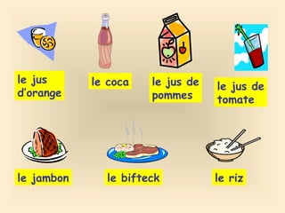 le jus  d’orange le coca le jus de pommes le jus de tomate le jambon le bifteck le riz 