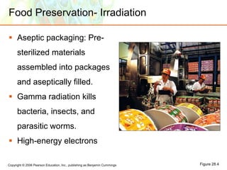 Copyright © 2006 Pearson Education, Inc., publishing as Benjamin Cummings
Food Preservation- Irradiation
 Aseptic packaging: Pre-
sterilized materials
assembled into packages
and aseptically filled.
 Gamma radiation kills
bacteria, insects, and
parasitic worms.
 High-energy electrons
Figure 28.4
 