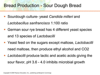 Copyright © 2006 Pearson Education, Inc., publishing as Benjamin Cummings
Bread Production - Sour Dough Bread
 Sourdough culture- yeast Candida milleri and
Lactobacillus sanfrancisco 1:100 ratio
 German sour rye bread has 4 different yeast species
and 13 species of Lactobacilli
 Yeast feed on the sugars except maltose, Lactobacilli
need maltose, then produce ethyl alcohol and CO2
 Lactobacilli produce lactic and acetic acids giving the
sour flavor, pH 3.6 - 4.0 inhibits microbial growth
 