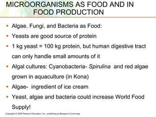 Copyright © 2006 Pearson Education, Inc., publishing as Benjamin Cummings
MICROORGANISMS AS FOOD AND IN
FOOD PRODUCTION
 Algae, Fungi, and Bacteria as Food:
 Yeasts are good source of protein
 1 kg yeast = 100 kg protein, but human digestive tract
can only handle small amounts of it
 Algal cultures: Cyanobacteria- Spirulina and red algae
grown in aquaculture (in Kona)
 Algae- ingredient of ice cream
 Yeast, algae and bacteria could increase World Food
Supply!
 