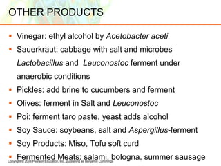 Copyright © 2006 Pearson Education, Inc., publishing as Benjamin Cummings
OTHER PRODUCTS
 Vinegar: ethyl alcohol by Acetobacter aceti
 Sauerkraut: cabbage with salt and microbes
Lactobacillus and Leuconostoc ferment under
anaerobic conditions
 Pickles: add brine to cucumbers and ferment
 Olives: ferment in Salt and Leuconostoc
 Poi: ferment taro paste, yeast adds alcohol
 Soy Sauce: soybeans, salt and Aspergillus-ferment
 Soy Products: Miso, Tofu soft curd
 Fermented Meats: salami, bologna, summer sausage
 