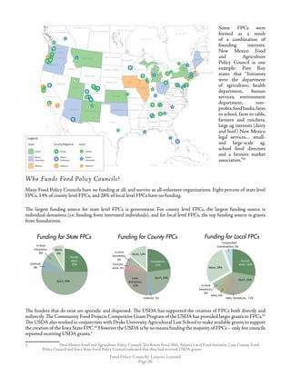 Food Policy Councils: Lessons Learned
Page 26
Some FPCs were
formed as a result
of a combination of
founding interests.
New Mexico Food
and Agriculture
Policy Council is one
example: Pam Roy
states that “Initiators
were the department
of agriculture, health
department, human
services, environment
department, non-
profits,foodbanks,farm
to school, farm to table,
farmers and ranchers,
large ag interests (dairy
and beef) New Mexico
legal services… small-
and large-scale ag,
school food directors
and a farmers market
association.”61
Who Funds Food Policy Councils?
Many Food Policy Councils have no funding at all, and survive as all-volunteer organizations. Eight percent of state level
FPCs, 14% of county level FPCs, and 28% of local level FPCs have no funding.
The largest funding source for state level FPCs is government. For county level FPCs, the largest funding source is
individual donations (i.e. funding from interested individuals), and for local level FPCs, the top funding source is grants
from foundations.
The funders that do exist are sporadic and dispersed. The USDA has supported the creation of FPCs both directly and
indirectly. The Community Food Projects Competitive Grant Program of the USDA has provided larger grants to FPCs.62
The USDA also worked in conjunction with Drake University Agricultural Law School to make available grants to support
the creation of the Iowa State FPC.63
However the USDA is by no means funding the majority of FPCs – only five councils
reported receiving USDA grants.
	 	
New Mexico Food and Agriculture Policy Council, Ten Rivers Food Web, Atlanta Local Food Initiative, Lane County Food
Policy Council and Iowa State Food Policy Council indicated that they had received USDA grants.
Funding for Local FPCsFunding for County FPCsFunding for State FPCs
Found-
ation,
25%
Gov't, 50%
Institute,
8%
In-Kind
Donations,
8%
None,
8%
Funding for State FPCs
Contract
work, 5%
Donations,
Foundation,
23%
Gov't, 24%
Institute, 5%
Indiv.
Donations,
27%
Contract
work, 5%
In-Kind
Donations,
5%
None, 14%
Funding for County FPCs
Found-
ation, 32%
Gov't, 16%
Sales, 6%
In-Kind
Donations,
6%
None, 28%
Funding for Local FPCs
Unspecified
Combination, 5%
Indiv. Donations, 11%
B r i s h C o l u m b i a
A l b e r t a
S a s k a t c h e w a n M a n i t o b a
O n t a r i o
Q u e b e c
New BrunswickW a s h i n g t o n
O r e g o n
C a l i f o r n i a
N e v a d a
I d a h o
M o n t a n a
W y o m i n g
U t a h
C o l o r a d o
K a n s a s
O k l a h o m a
M i s s o u r i
A r k a n s a s
L o u i s i a n a
M i s s i s s i p p i
A l a b a m a
G e o r g i a
F l o r i d a
Te n n e s s e e
K e n t u c k y
V i r g i n i a
M D
D E
W e s t
V i r g i n i a
N o r t h C a r o l i n a
S o u t h
C a r o l i n a
Te x a s
N e w M e x i c o
A r i z o n a
N e b r a s k a I o w a
S o u t h D a k o t a
N o r t h D a k o t a
M i n n e s o t a
W i s c o n s i n
M i c h i g a n
I l l i n o i s
I n d i a n a O h i o
P e n n s y l v a n i a
N J
N e w
Yo r k
M a i n e
M a s s a c h u s e s
C T
V T
N H
R I
Legend
State
Ac ve
Status
Unknown
Defunct
County/Regional
Ac ve
Status
Unknown
Defunct
Local
Ac ve
Status
Unknown
Defunct
 