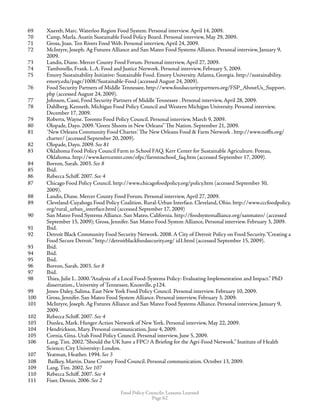 Food Policy Councils: Lessons Learned
Page 62
69	 Xuereb, Marc. Waterloo Region Food System. Personal interview. April 14, 2009.
70	 Camp, Marla. Austin Sustainable Food Policy Board. Personal interview, May 29, 2009.
71	 Gross, Joan. Ten Rivers Food Web. Personal interview, April 24, 2009.
72	 McIntyre, Joseph. Ag Futures Alliance and San Mateo Food Systems Alliance. Personal interview, January 9,
2009.
73	 Landis, Diane. Mercer County Food Forum. Personal interview, April 27, 2009.
74	 Tamborello, Frank. L.A. Food and Justice Network. Personal interview, February 5, 2009.
75	 Emory Sustainability Initiative: Sustainable Food. Emory University. Atlanta, Georgia. http://sustainability.
emory.edu/page/1008/Sustainable-Food (accessed August 24, 2009).
76	 Food Security Partners of Middle Tennessee, http://www.foodsecuritypartners.org/FSP_AboutUs_Support.
php (accessed August 24, 2009).
77	 Johnson, Cassi, Food Security Partners of Middle Tennessee . Personal interview, April 28, 2009.
78	 Dahlberg, Kenneth. Michigan Food Policy Council and Western Michigan University. Personal interview,
December 17, 2009.
79	 Roberts, Wayne. Toronto Food Policy Council. Personal interview, March 9, 2009.
80	 Olopade, Dayo. 2009.“Green Shoots in New Orleans” The Nation. September 21, 2009.
81	 ‘New Orleans Community Food Charter.’ The New Orleans Food  Farm Network . http://www.noffn.org/
charter/ (accessed September 20, 2009).
82	 Olopade, Dayo. 2009. See 81
83	 Oklahoma Food Policy Council Farm to School FAQ. Kerr Center for Sustainable Agriculture. Poteau,
Oklahoma. http://www.kerrcenter.com/ofpc/farmtoschool_faq.htm (accessed September 17, 2009).
84	 Borron, Sarah. 2003. See 8
85	 Ibid.
86	 Rebecca Schiff. 2007. See 4
87	 Chicago Food Policy Council. http://www.chicagofoodpolicy.org/policy.htm (accessed September 30, 			
	 2009).
88	 Landis, Diane. Mercer County Food Forum. Personal interview, April 27, 2009.
89	 Cleveland-Cuyahoga Food Policy Coalition. Rural-Urban Interface. Cleveland, Ohio. http://www.cccfoodpolicy.
org/rural_urban_interface.html (accessed September 17, 2009)
90	 San Mateo Food Systems Alliance. San Mateo, California. http://foodsystemalliance.org/sanmateo/ (accessed
September 15, 2009); Gross, Jennifer. San Mateo Food System Alliance, Personal interview. February 3, 2009.
91	 Ibid.
92	 Detroit Black Community Food Security Network. 2008. A City of Detroit Policy on Food Security.“Creating a
Food Secure Detroit.” http://detroitblackfoodsecurity.org/ id1.html (accessed September 15, 2009).
93	 Ibid.
94	 Ibid.
95	 Ibid.
96	 Borron, Sarah. 2003. See 8
97	 Ibid.
98	 Thies, Julie L. 2000.“Analysis of a Local Food-Systems Policy: Evaluating Implementation and Impact.” PhD
dissertation., University of Tennessee, Knoxville. p124.
99	 Jones-Daley, Salima. East New York Food Policy Council. Personal interview. February 10, 2009.
100	 Gross, Jennifer. San Mateo Food System Alliance. Personal interview, February 3, 2009.
101	 McIntyre, Joseph. Ag Futures Alliance and San Mateo Food Systems Alliance. Personal interview, January 9,
2009.
102	 Rebecca Schiff. 2007. See 4
103	 Dunlea, Mark. Hunger Action Network of New York. Personal interview, May 22, 2009.
104	 Hendrickson, Mary. Personal communication, June 4, 2009.
105	 Cornia, Gina. Utah Food Policy Council. Personal interview, June 5, 2009.
106	 Lang, Tim. 2002.“Should the UK have a FPC? A Briefing for the Agri-Food Network.” Institute of Health
Science; City University: London.
107	 Yeatman, Heather. 1994. See 3
108	 Bailkey, Martin. Dane County Food Council. Personal communication. October 13, 2009.
109	 Lang, Tim. 2002. See 107
110	 Rebecca Schiff. 2007. See 4
111	 Fiser, Dennis. 2006. See 2
 