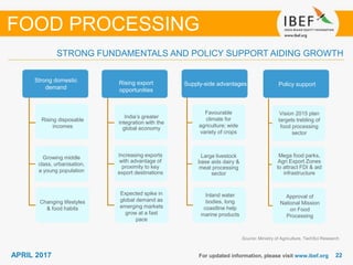 2222APRIL 2017
STRONG FUNDAMENTALS AND POLICY SUPPORT AIDING GROWTH
For updated information, please visit www.ibef.org
Source: Ministry of Agriculture, TechSci Research
FOOD PROCESSING
Large domestic
market
Growing demand
Strong domestic
demand
Supply-side advantagesRising export
opportunities
Rising disposable
incomes
Growing middle
class, urbanisation,
a young population
Changing lifestyles
& food habits
India’s greater
integration with the
global economy
Increasing exports
with advantage of
proximity to key
export destinations
Expected spike in
global demand as
emerging markets
grow at a fast
pace
Favourable
climate for
agriculture; wide
variety of crops
Large livestock
base aids dairy &
meat processing
sector
Inland water
bodies, long
coastline help
marine products
Policy support
Vision 2015 plan
targets trebling of
food processing
sector
Mega food parks,
Agri Export Zones
to attract FDI & aid
infrastructure
Approval of
National Mission
on Food
Processing
 