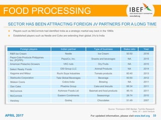 3333APRIL 2017 For updated information, please visit www.ibef.org
SECTOR HAS BEEN ATTRACTING FOREIGN JV PARTNERS FOR A LONG TIME
Source: Thompson ONE Banker, TechSci Research
Note: JV – Joint Venture
Players such as McCormick had identified India as a strategic market way back in the 1990s
Established players such as Nestle and Coke are extending their global JVs to India
FOOD PROCESSING
Foreign players Indian partner Type of business Stake ratio Year
R&R Ice Cream Nestle Ice Cream 50:50 2016
Pepsi-Cola Products Philippines
Inc. (PCPPI)
PepsiCo, Inc. Snacks and beverages NA 2015
American Pistachio Growers VKC nuts Dry Fruits NA 2015
Select Ready Foods OSI Group LLC Animal Products NA 2014
Kagome and Mitsui Ruchi Soya Industries Tomato products 60:40 2013
Starbucks Corporation Tata Global Beverages Beverage 50:50 2012
Molson Coors Cobra India Brewing NA 2011
Dan Cake Phadnis Group Cake and biscuits 66:34 2011
McCormick Kohinoor Foods Ltd Basmati and food products 85:15 2011
McCormick Eastern Condiments Seasonings 26:74 2010
Hershey Godrej Chocolates 51:49 2007
 