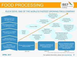 4141APRIL 2017
Primary focus on crushing and
trading activities
Expansion of extraction &
refining capacity; focus on
branded products
Focus on developing upstream
business; secured access to
185,000 hectares of palm
plantation; major expansion of
refining capacity
For updated information, please visit www.ibef.org
RUCHI SOYA: ONE OF THE WORLD’S FASTEST GROWING FMCG COMPANY
Source: News release Ruchi Soya website, TechSci Research
FOOD PROCESSING
Top edible
oil producer in India with
market share of 18.2%
Strong presence in
Edible oil and meal market
Sales growth at a CAGR of
14.1% over FY11-15
Net profit generated in FY16
is USD134.23 million
Revenues for FY16
are USD4.25 billion
Organic
growth
phase
Strong brands such
as Nutrela,
Vanasapati &
Sunrich
Focus on R&D
Acquisitions of
companies & plats
facilities
2001–04 2005–08 2008–16
Aggressive
acquisitions of lands
for soya & palm
plantations
India’s No 1
cooking oil &
soya food maker
Launched dal
analogue & butter
margarine
The company is
planning to enter in
ready to eat food
market
2016: Company got
ranked among “Top
5 Packaged Food
Companies in
India”
2016: Received approval
from Government of
Karnataka to set up
manufacturing units at
Dakshina Kannada as on
10 June 2016
 