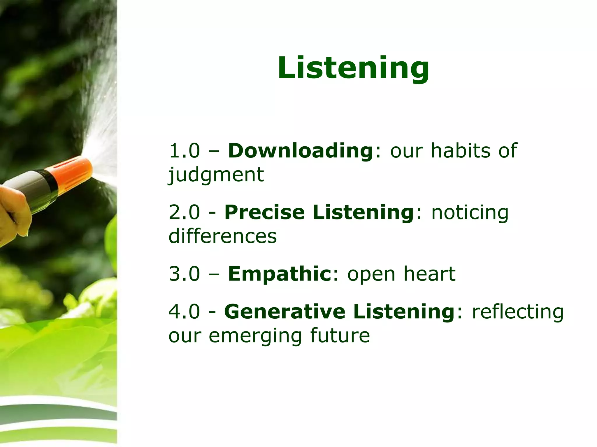 1.0 – Downloading: our habits of
judgment
2.0 - Precise Listening: noticing
differences
3.0 – Empathic: open heart
4.0 - Generative Listening: reflecting
our emerging future
Listening
 
